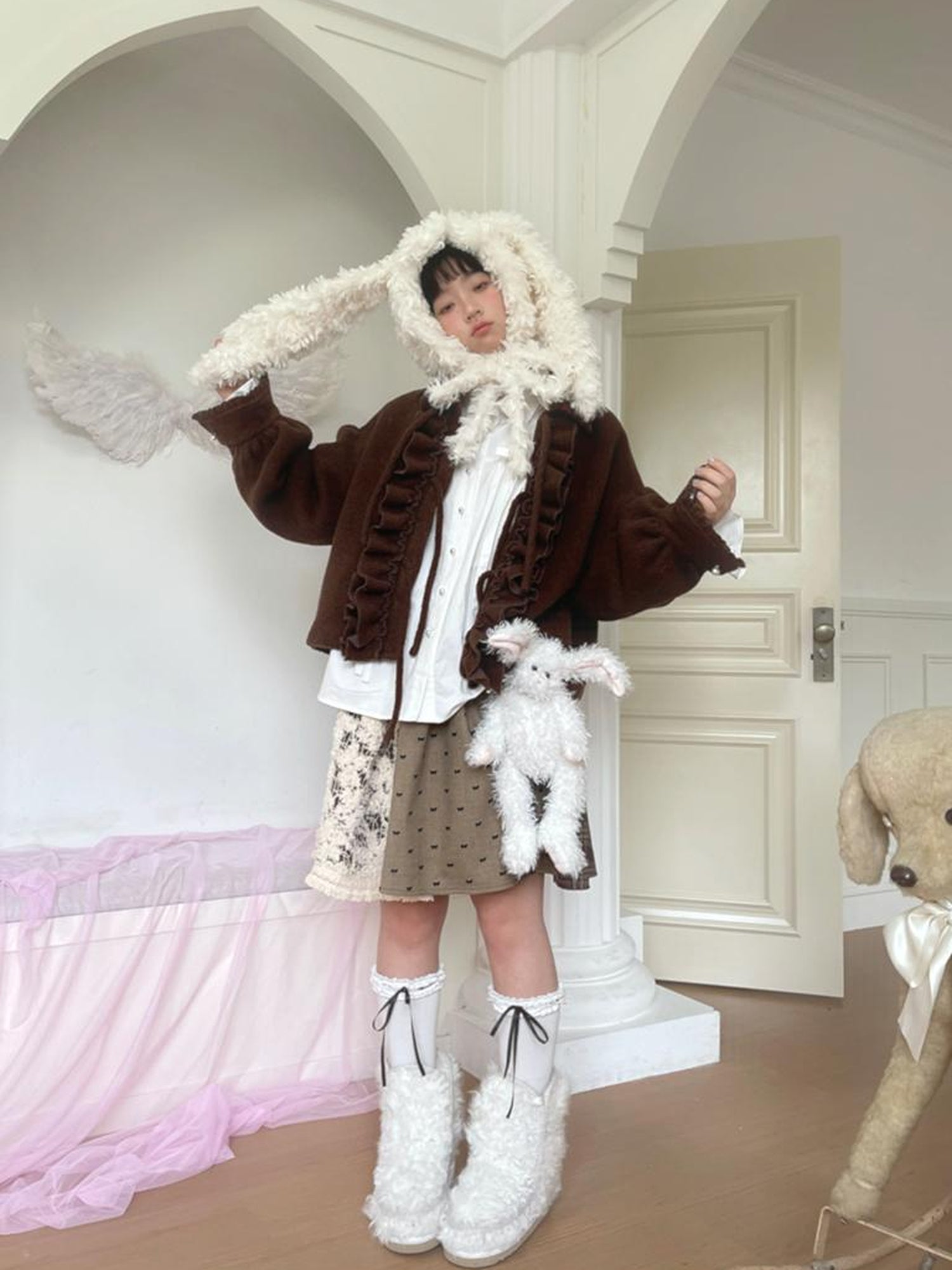 Daytoday Soft Plush Bow Trimmed Bunny Ear Winter Hat