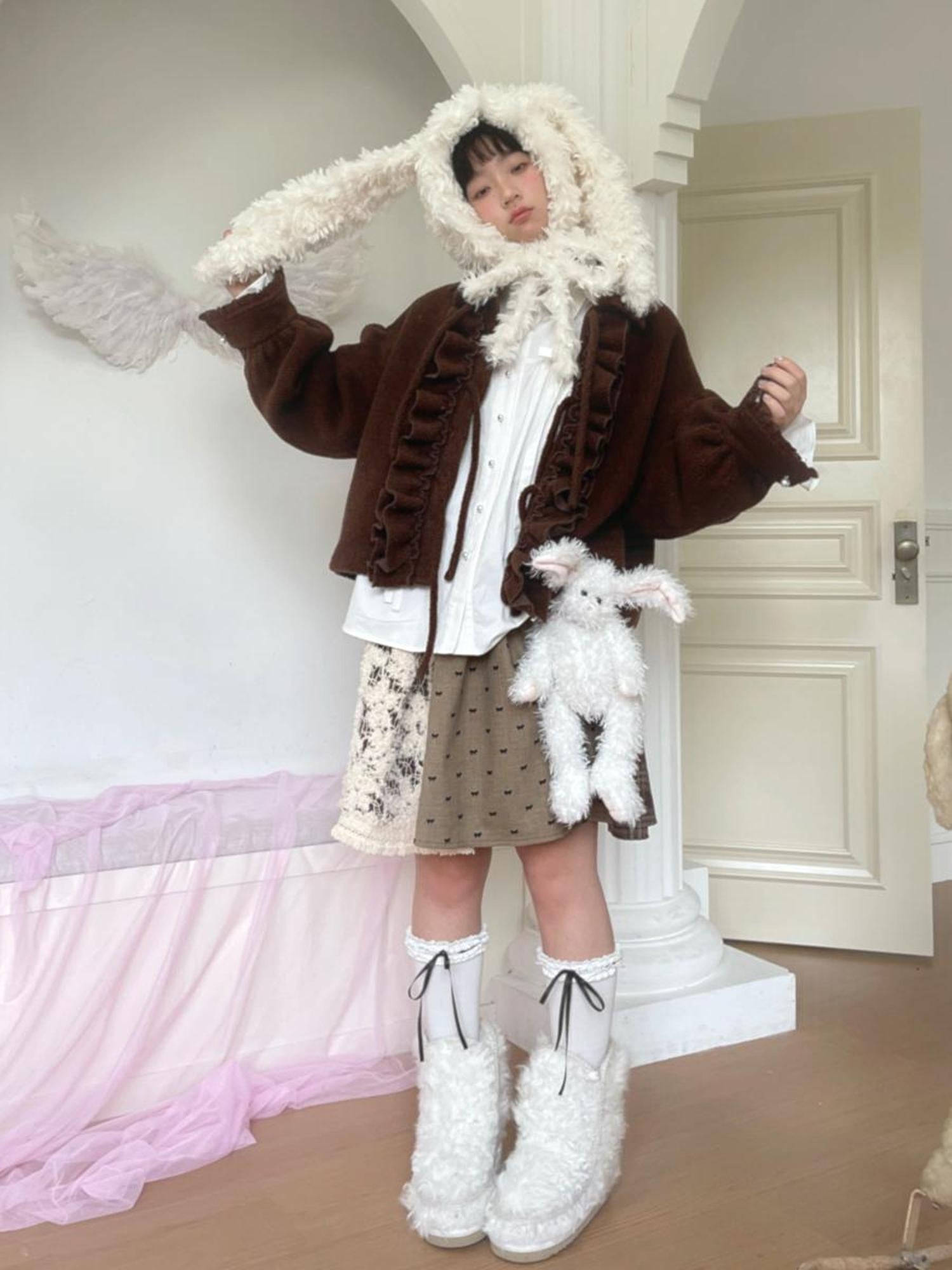Daytoday Soft Plush Bow Trimmed Bunny Ear Winter Hat