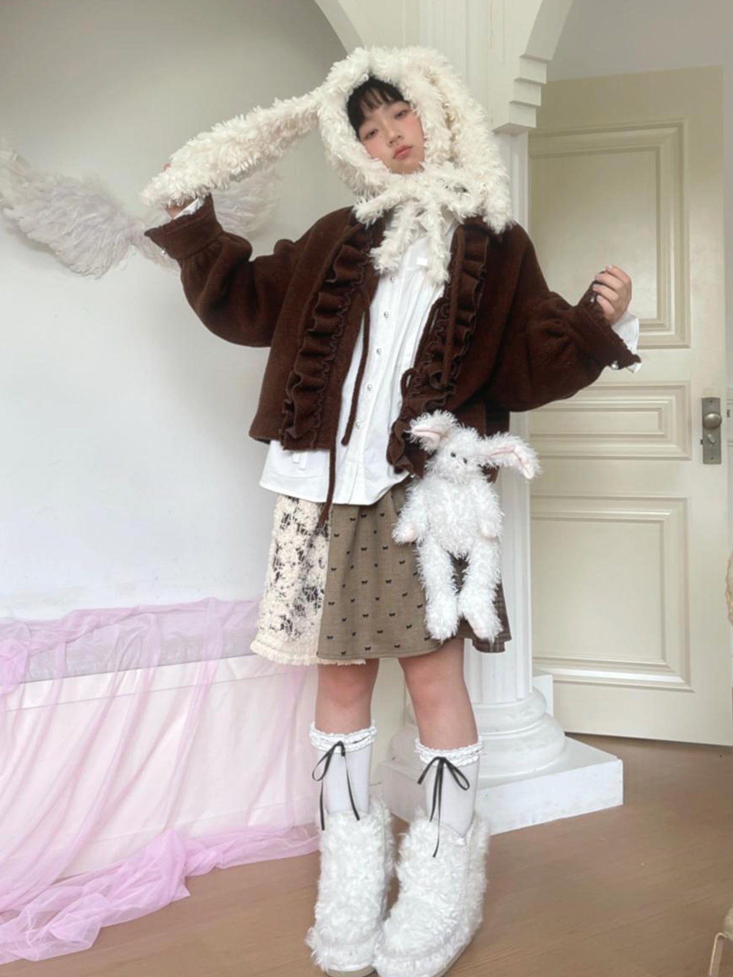 Daytoday Soft Plush Bow Trimmed Bunny Ear Winter Hat