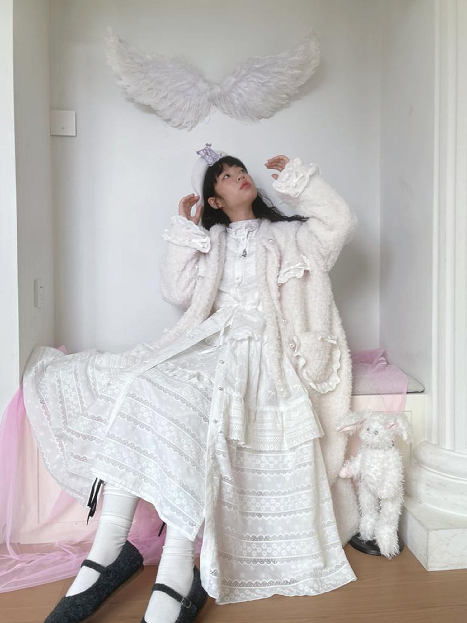Daytoday Soft Plush Long Bow Tie Warm Coat