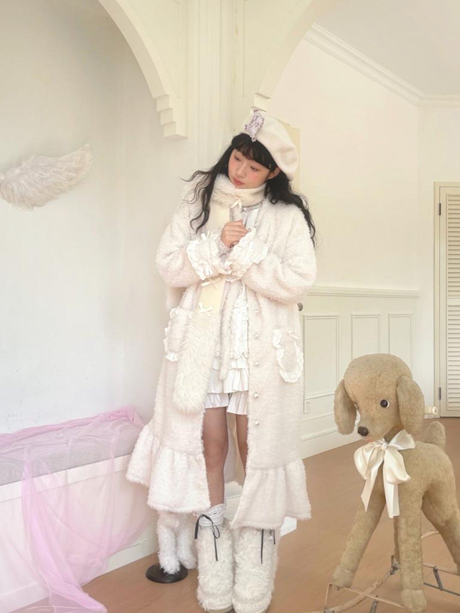 Daytoday Soft Plush Long Bow Tie Warm Coat