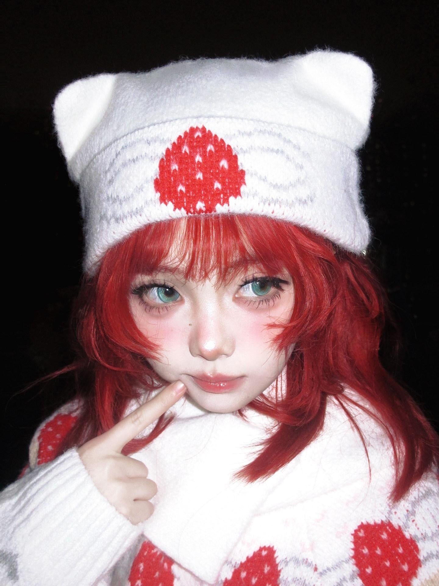 Daytoday Strawberry Cake Jacquard Foldable Cat Ear Knitted Women&
