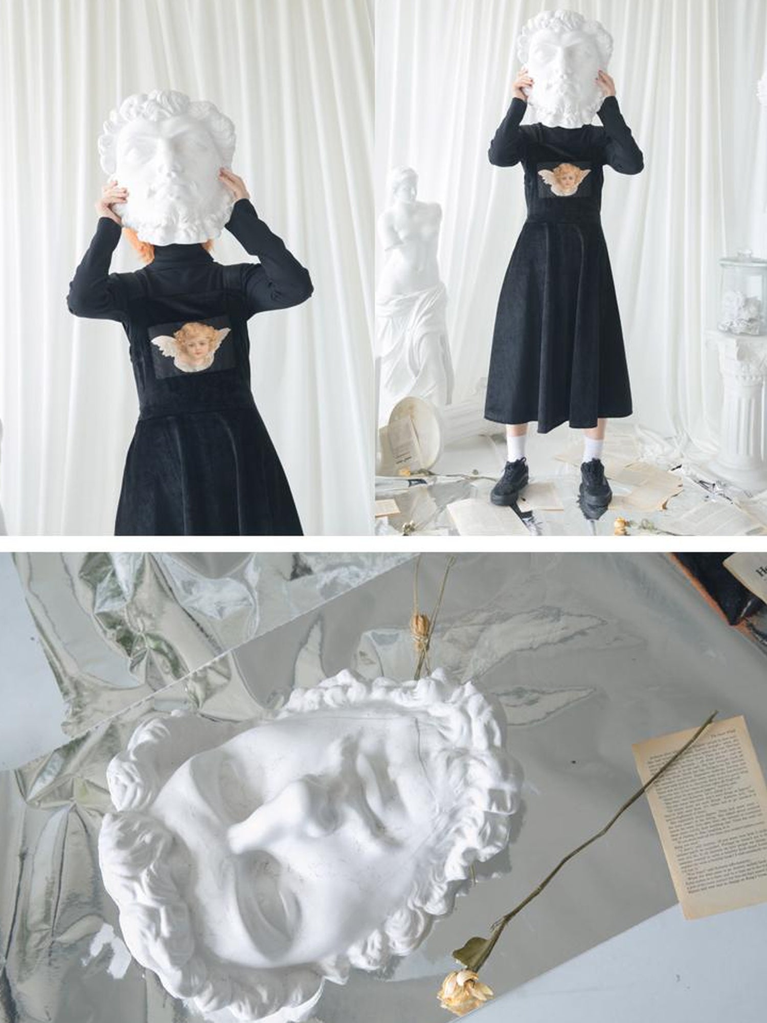 Daytoday Velvet Angel Oil Painting Mini Dress V-Neck T-Shirt Long-Sleeve
