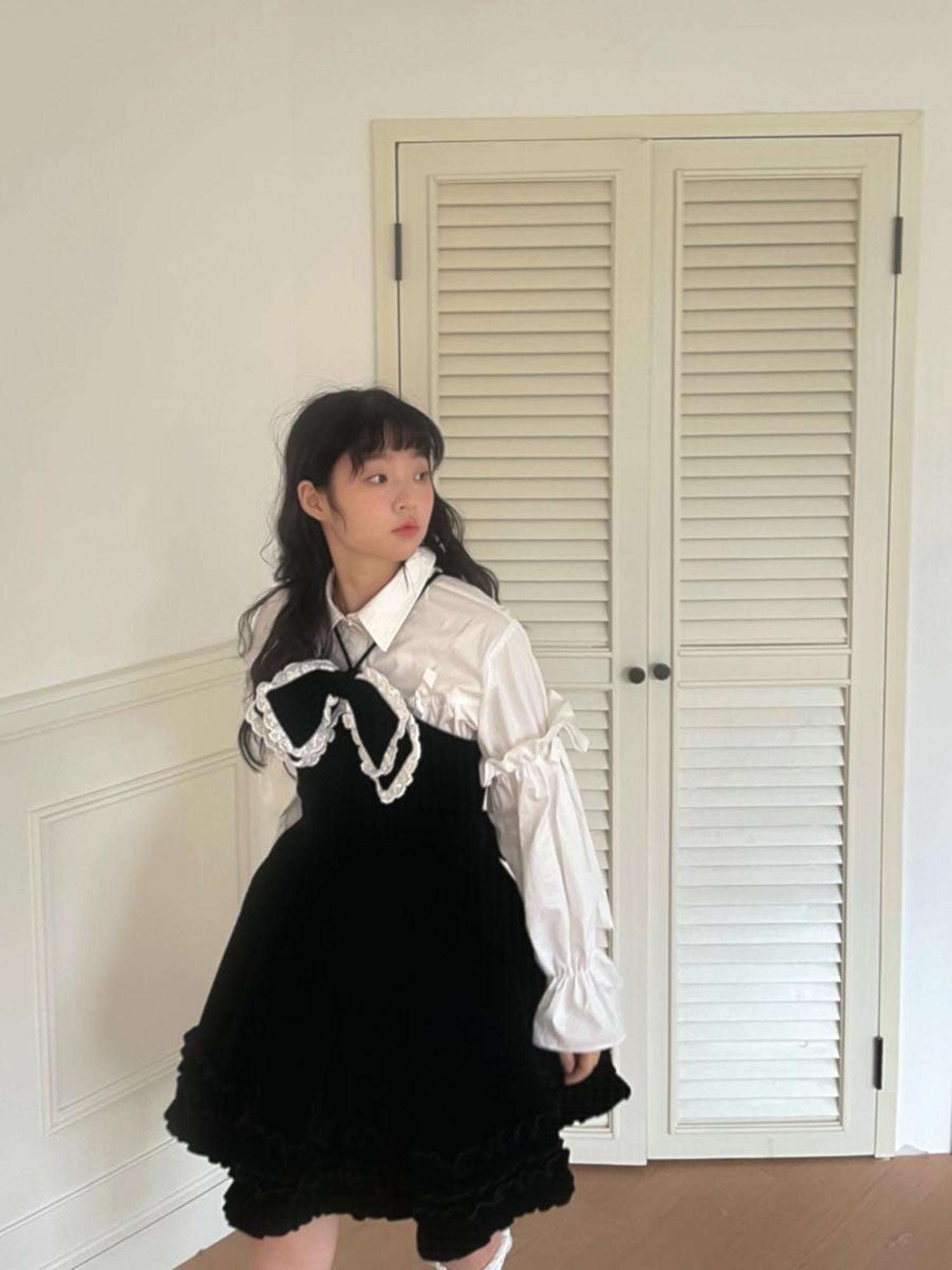 Daytoday Velvet Bow Black Swing Dress V-Neck T-Shirt Long-Sleeve