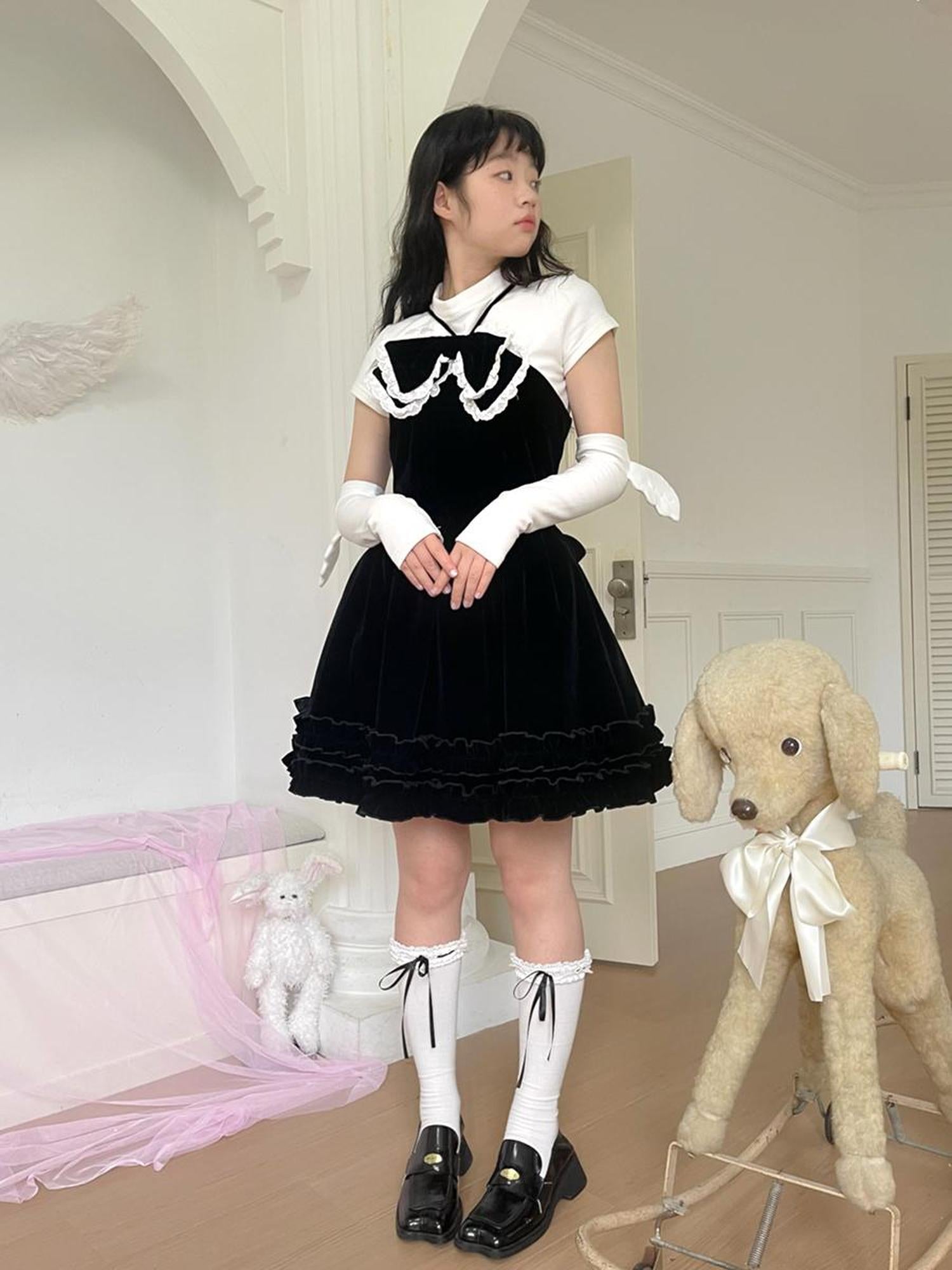 Daytoday Velvet Bow Black Swing Dress V-Neck T-Shirt Long-Sleeve