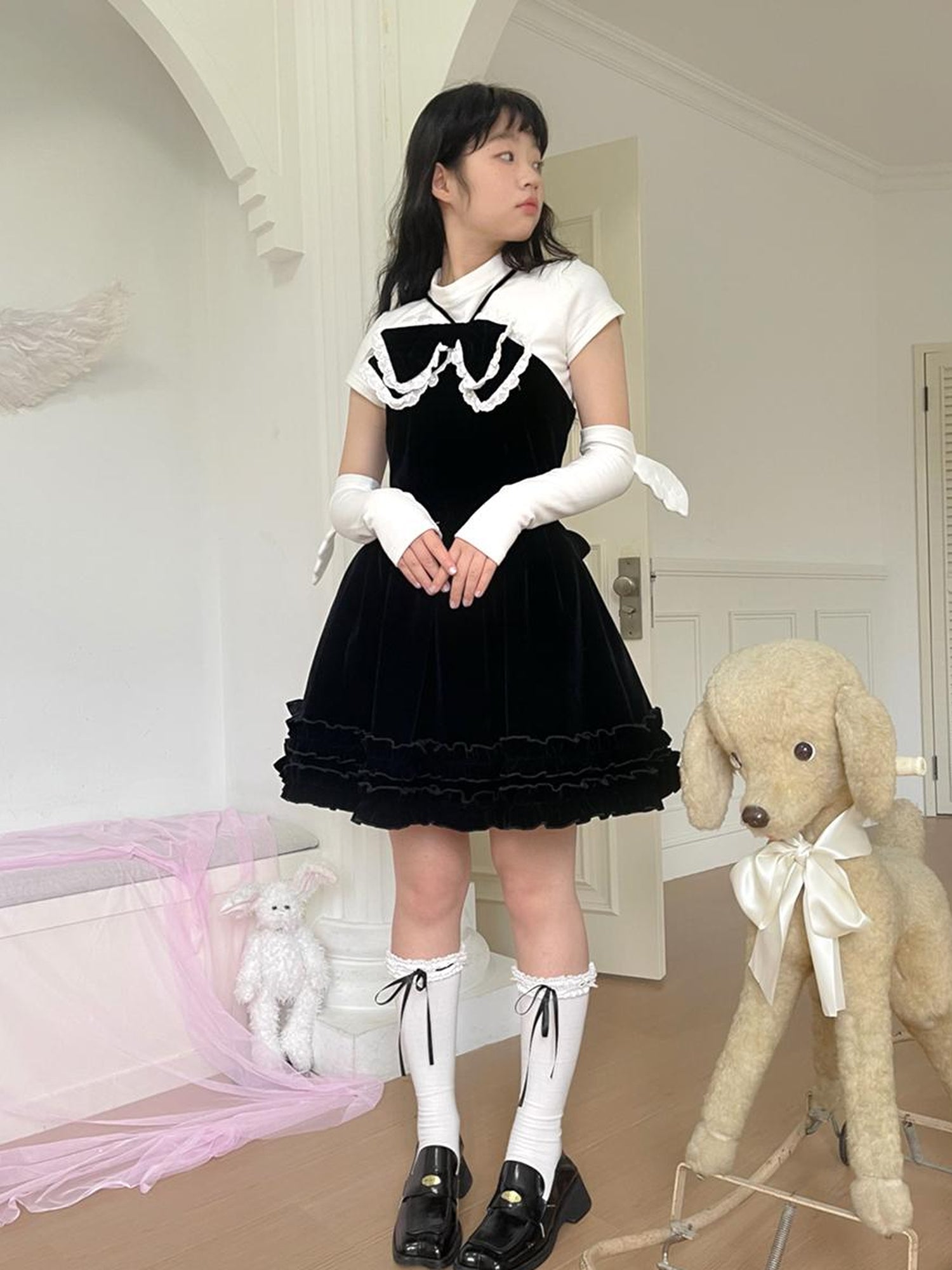 Daytoday Velvet Bow Black Swing Dress V-Neck T-Shirt Long-Sleeve