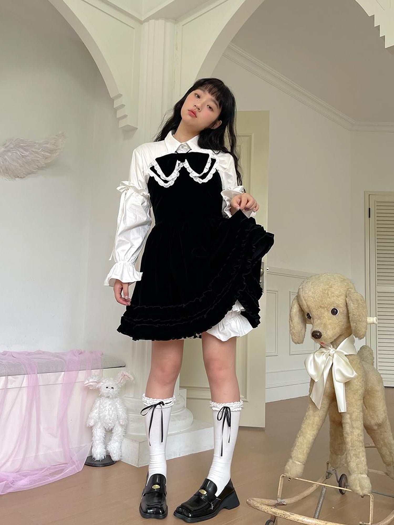 Daytoday Velvet Bow Black Swing Dress V-Neck T-Shirt Long-Sleeve