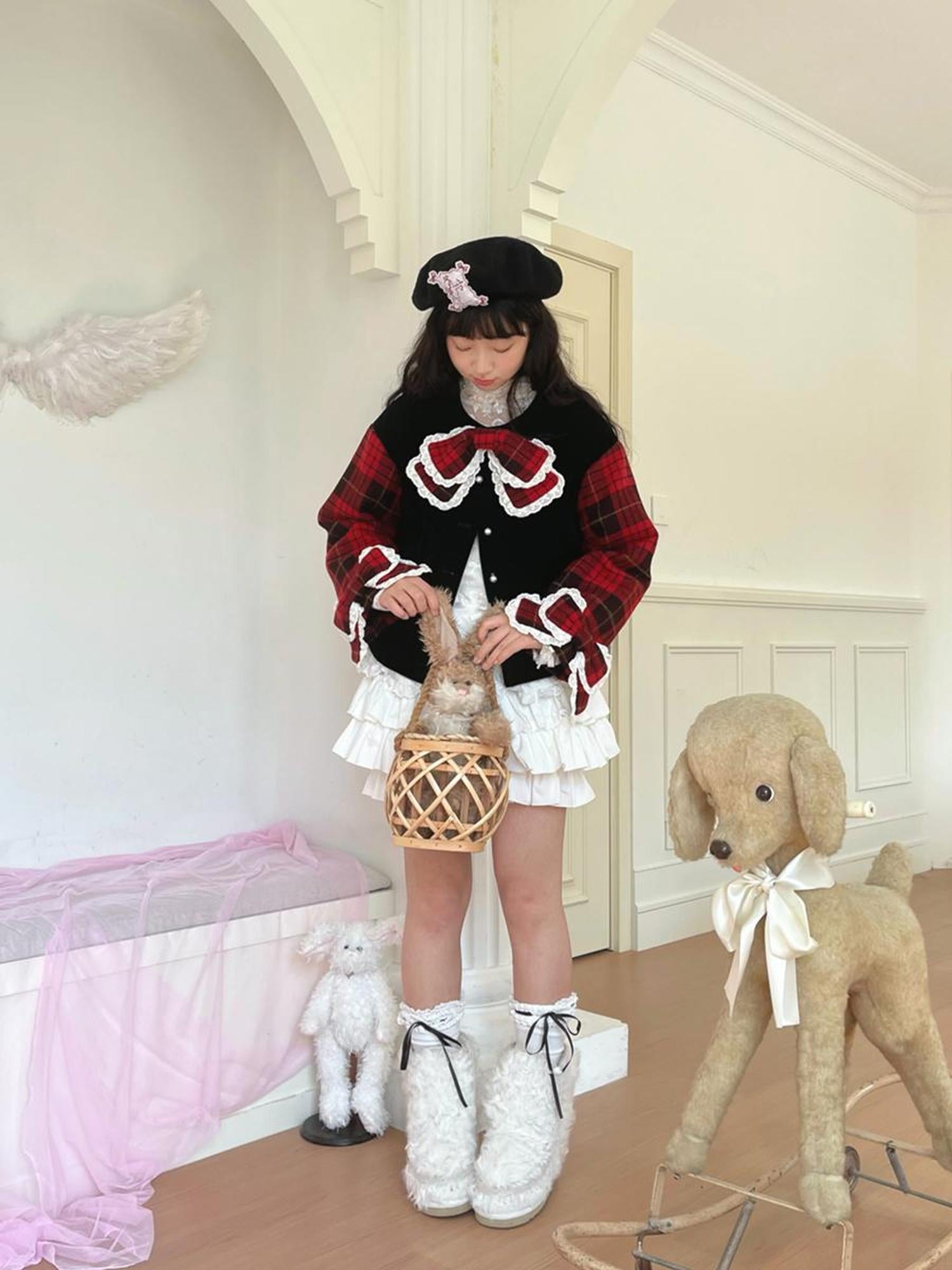 Daytoday Velvet Bow Plaid Christmas Short Coat