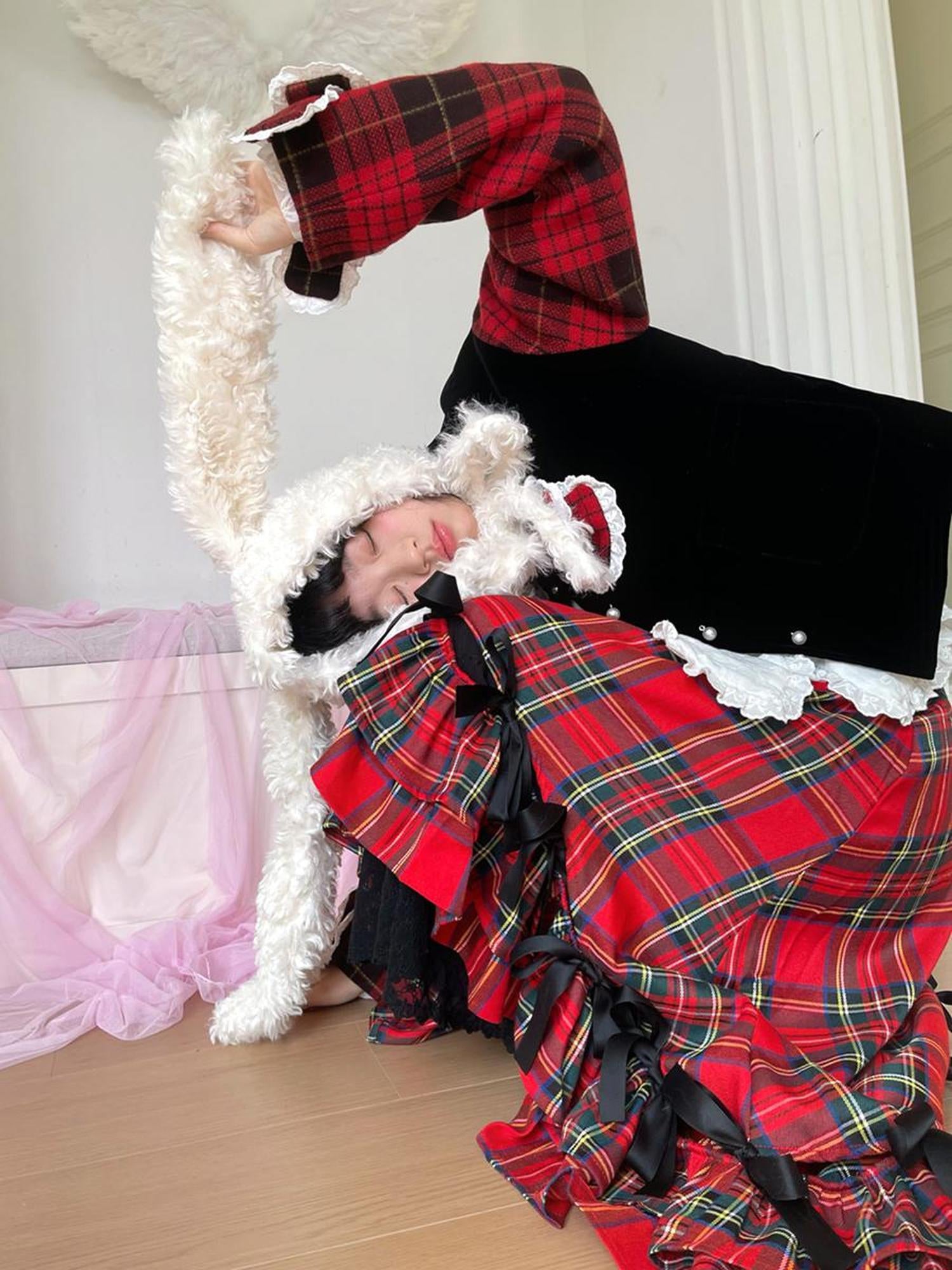 Daytoday Velvet Bow Plaid Christmas Short Coat