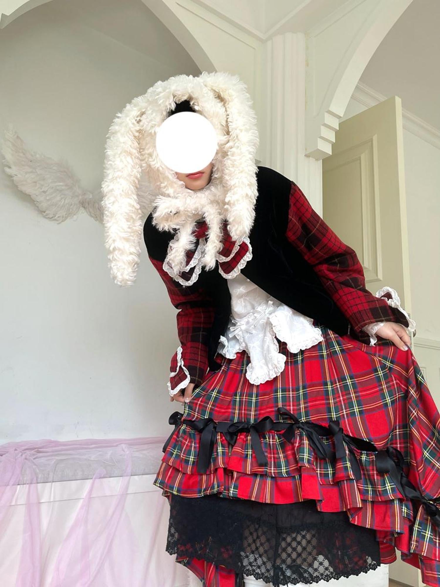 Daytoday Velvet Bow Plaid Christmas Short Coat