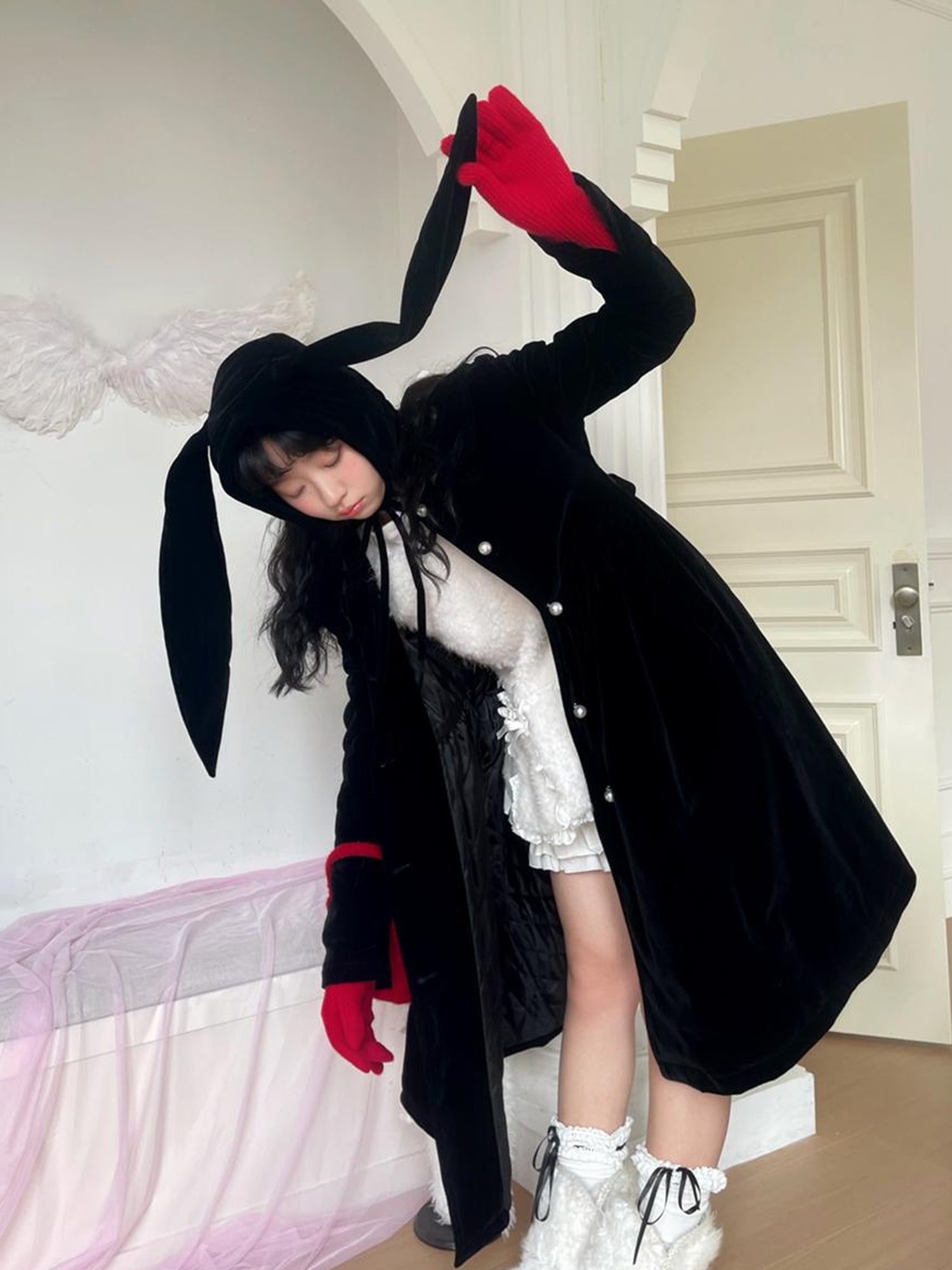 Daytoday Velvet Bow Tie Cotton Trench Coat Mid Length