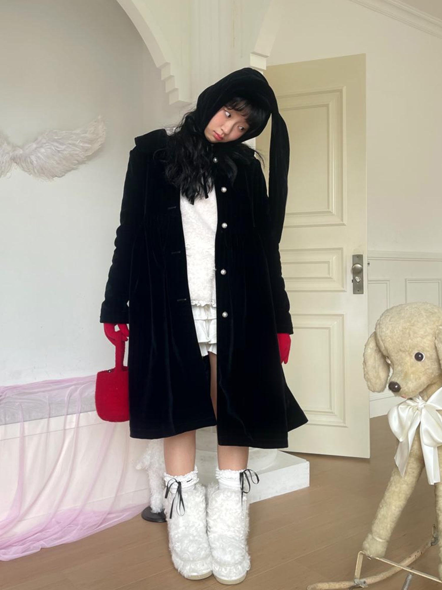 Daytoday Velvet Bow Tie Cotton Trench Coat Mid Length