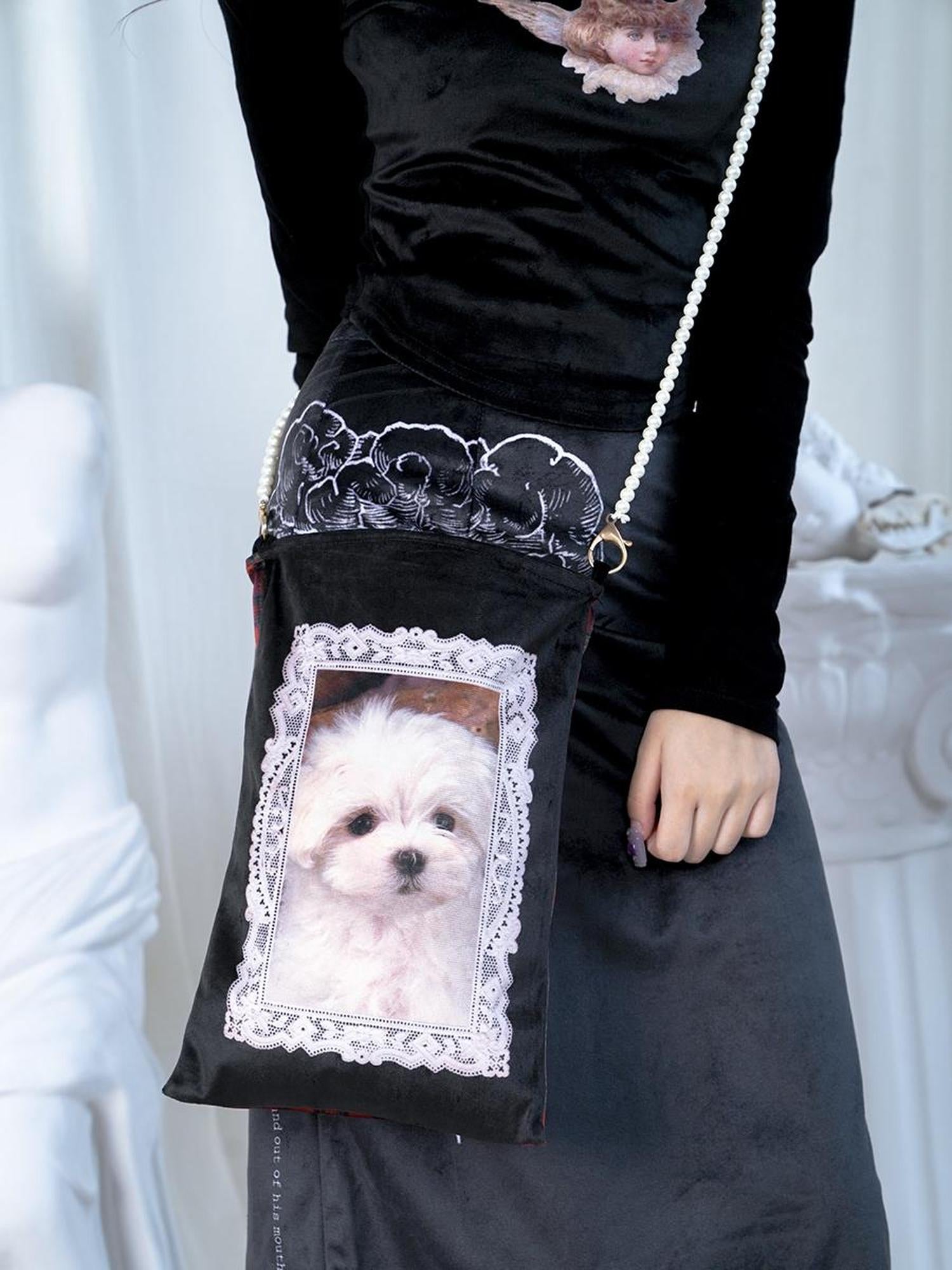 Daytoday Velvet Mini Crossbody Bag With Angel Lamb Oyster Puppy Print