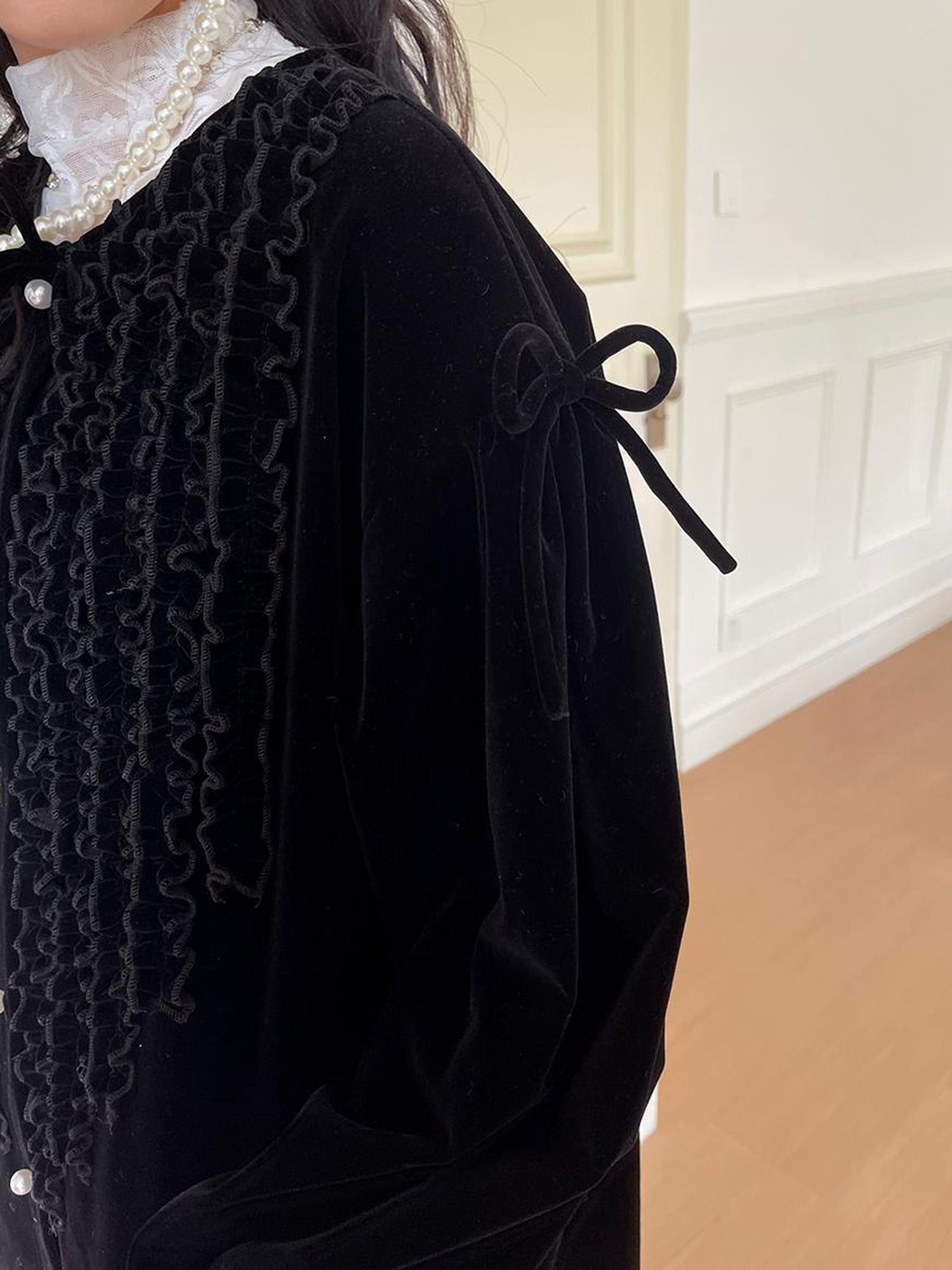 Daytoday Velvet Ruffled Vintage Long Trench Coat