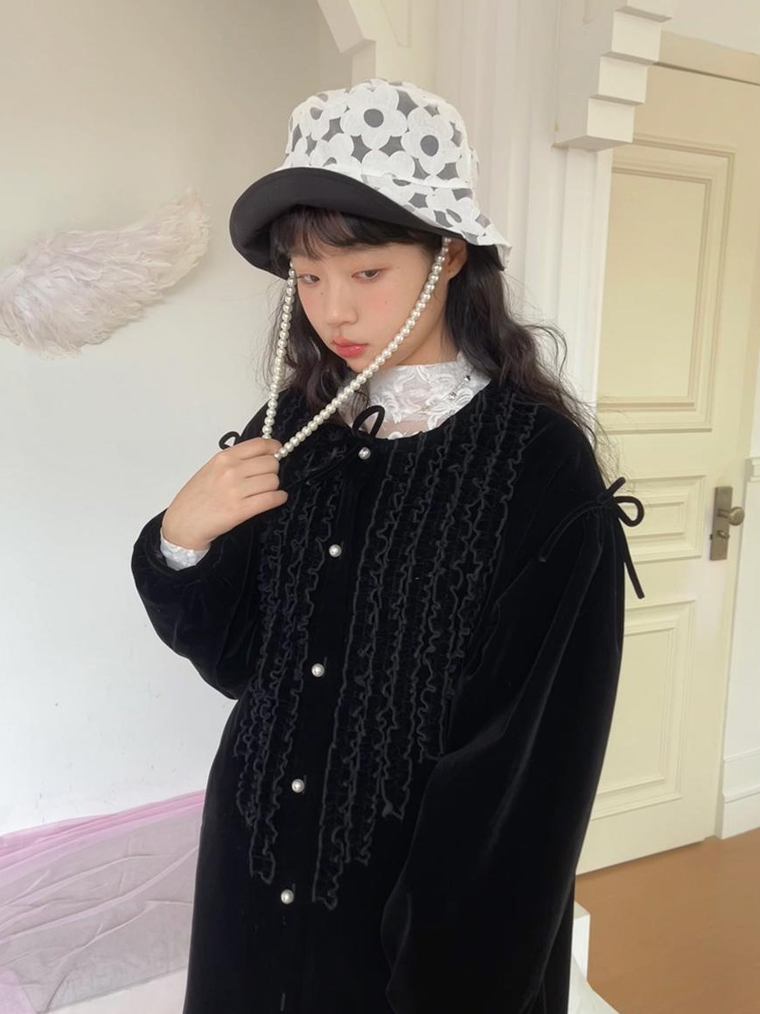 Daytoday Velvet Ruffled Vintage Long Trench Coat