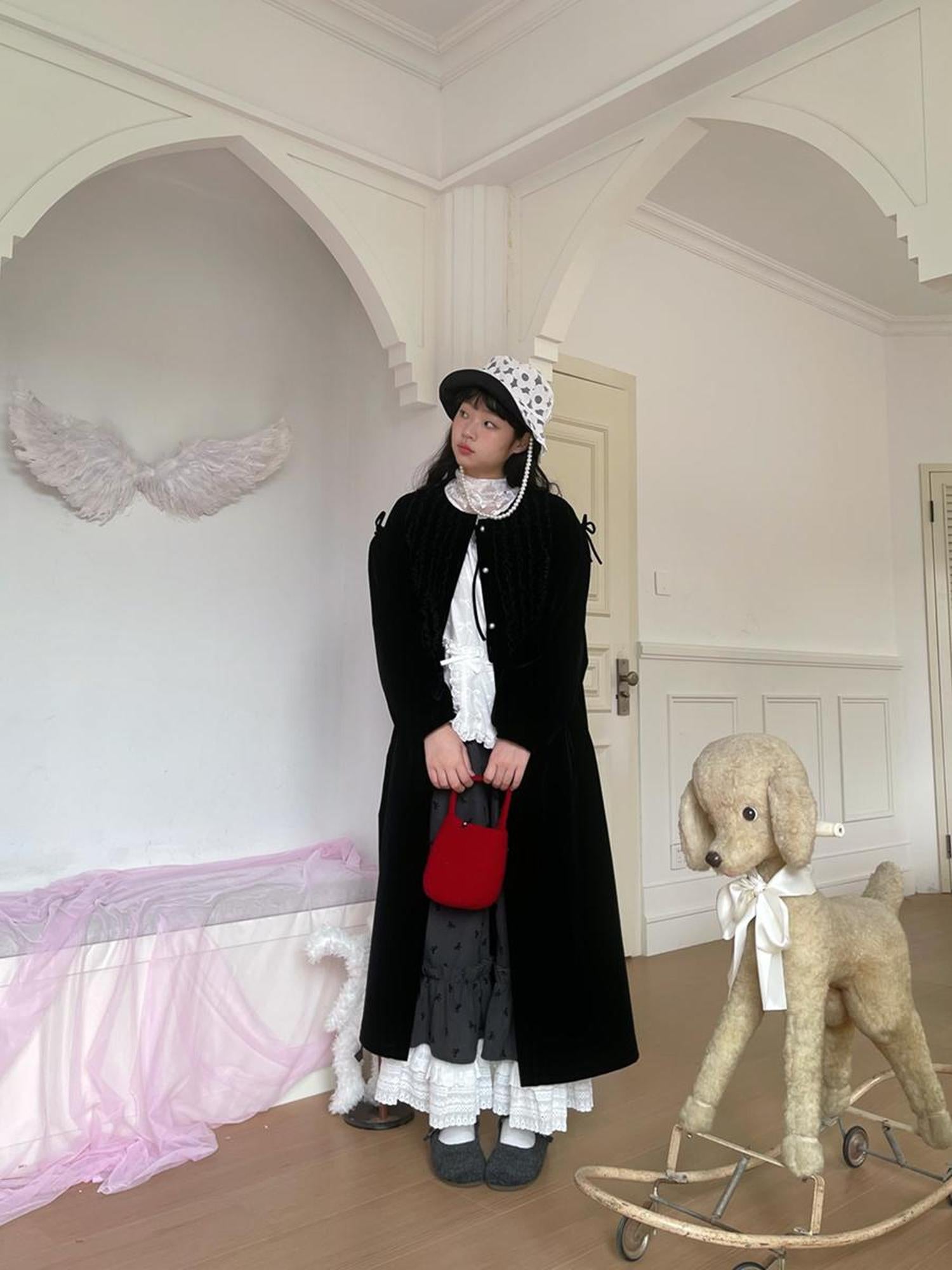 Daytoday Velvet Ruffled Vintage Long Trench Coat