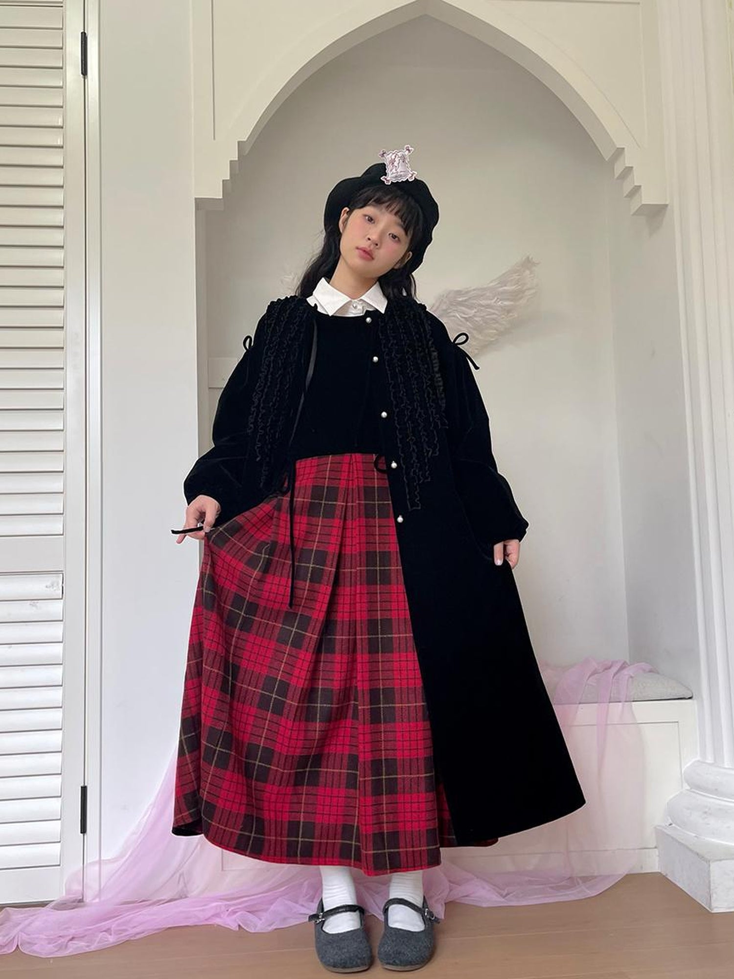 Daytoday Velvet Ruffled Vintage Long Trench Coat