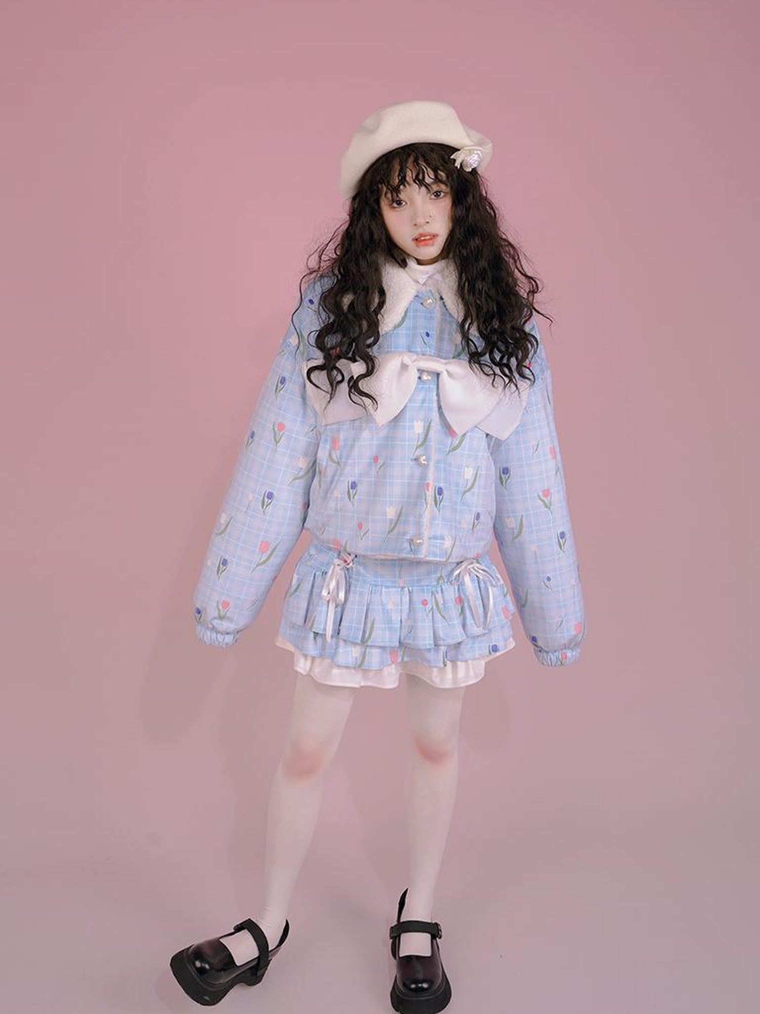 Daytoday Velvet Tulan Plaid Print Bow Lamb Fleece Short Coat