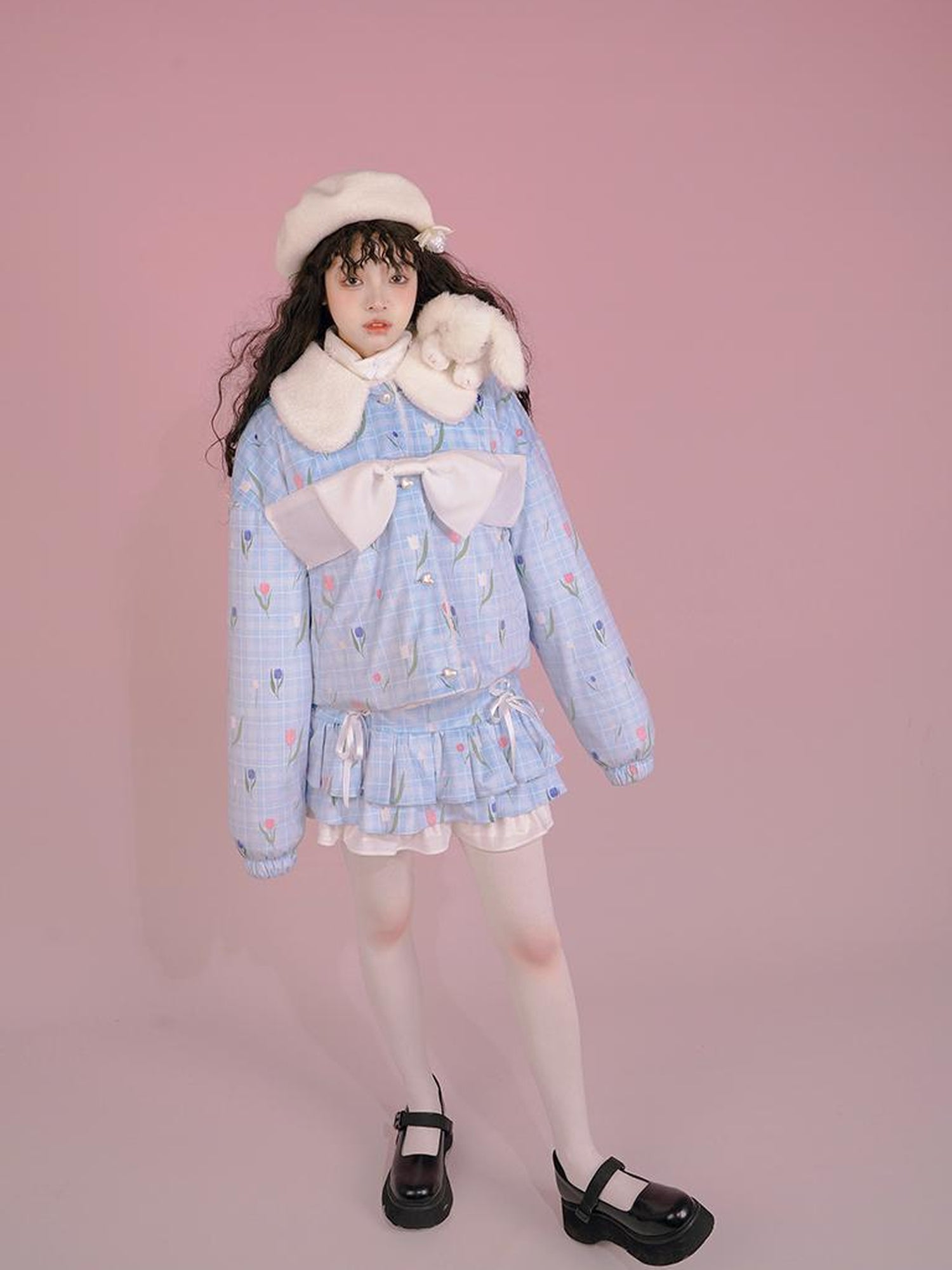 Daytoday Velvet Tulan Plaid Print Bow Lamb Fleece Short Coat