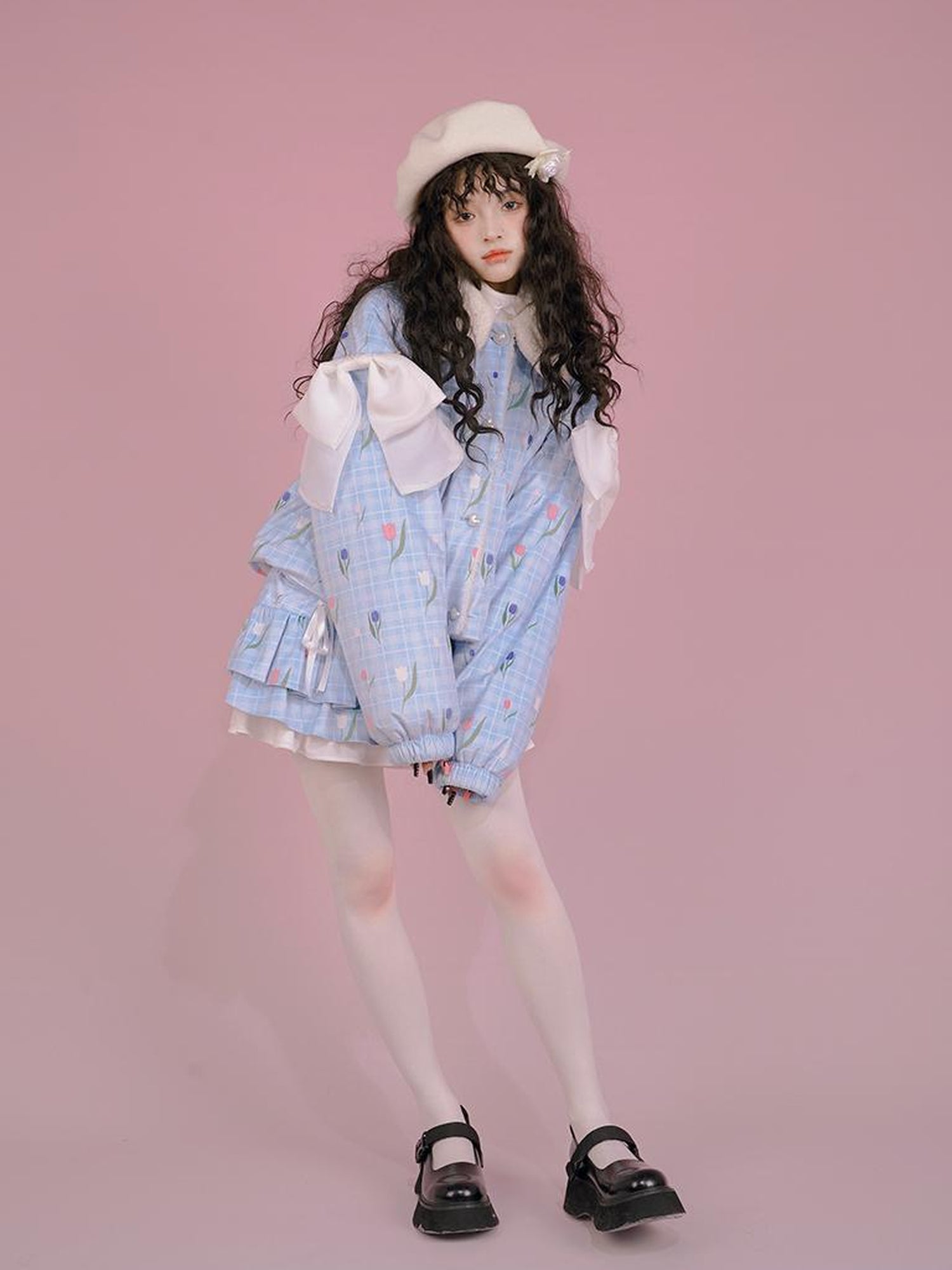 Daytoday Velvet Tulan Plaid Print Bow Lamb Fleece Short Coat