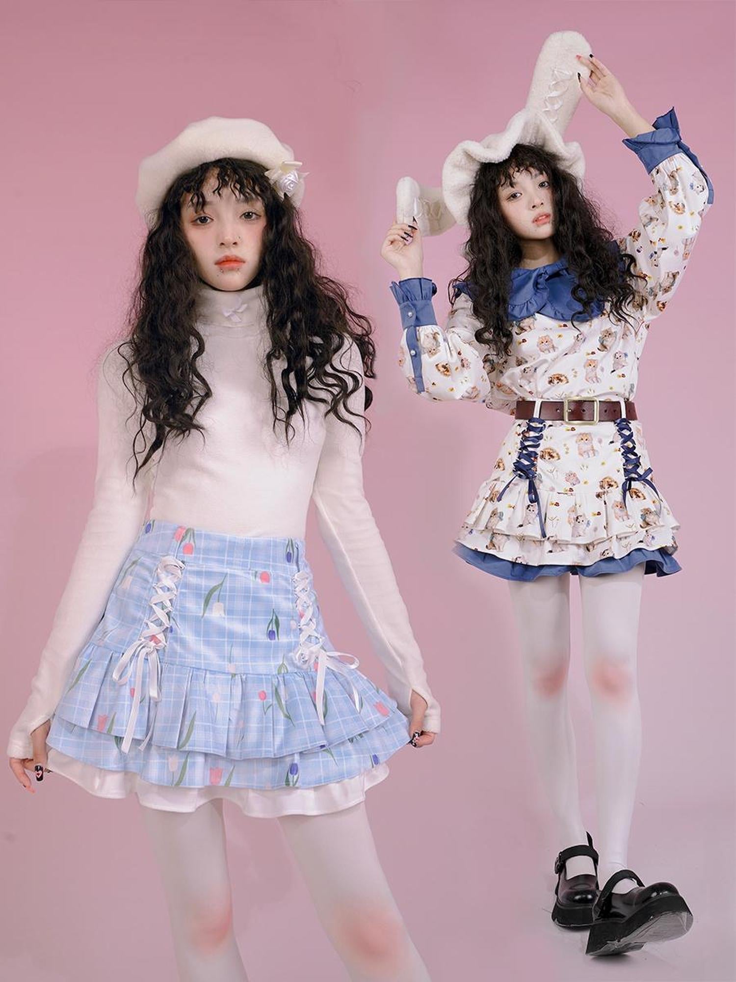 Daytoday Velvet Tulip Kitten Print Bow Tie Flared Mini Skirt