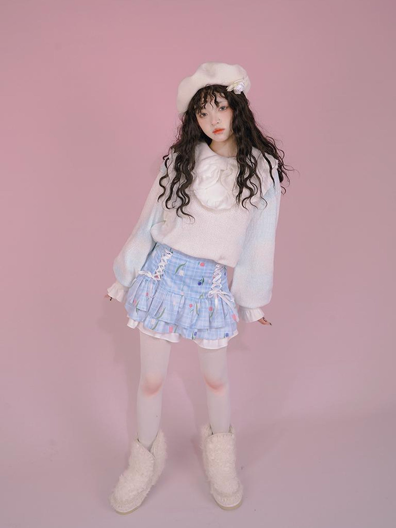 Daytoday Velvet Tulip Kitten Print Bow Tie Flared Mini Skirt