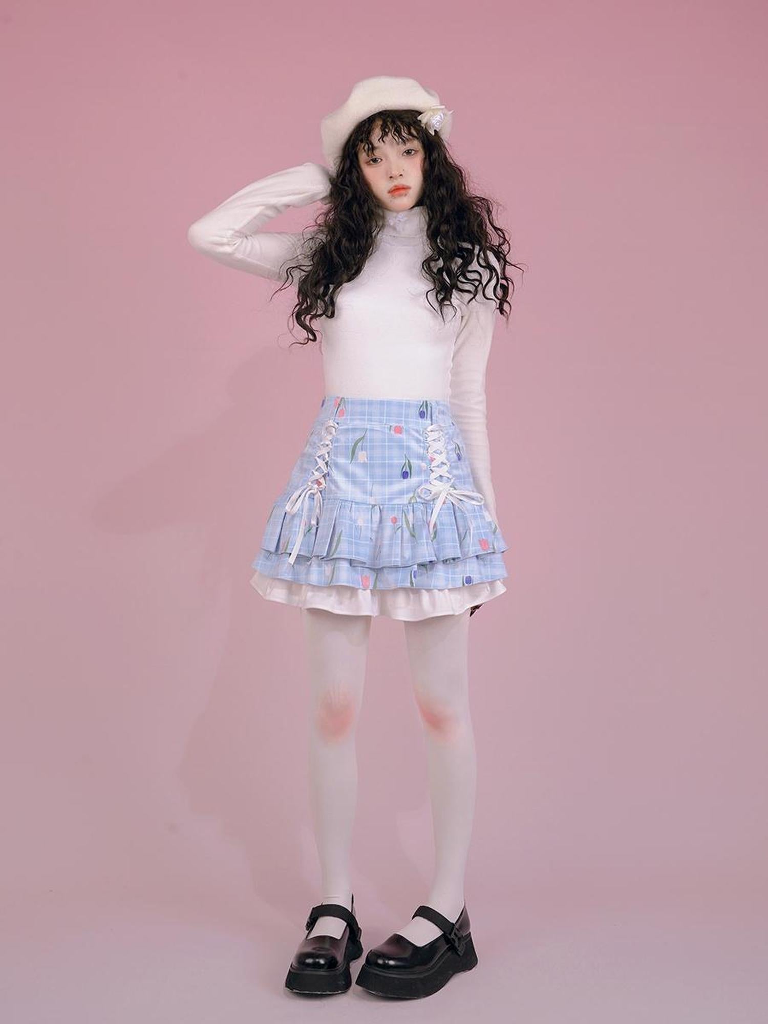 Daytoday Velvet Tulip Kitten Print Bow Tie Flared Mini Skirt