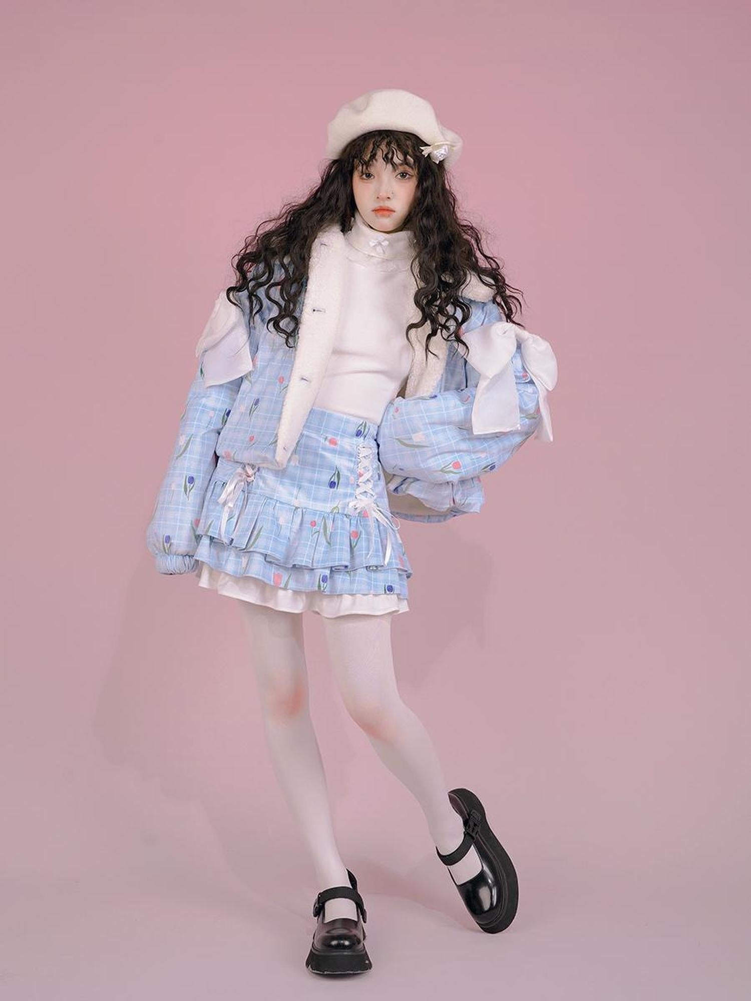 Daytoday Velvet Tulip Kitten Print Bow Tie Flared Mini Skirt