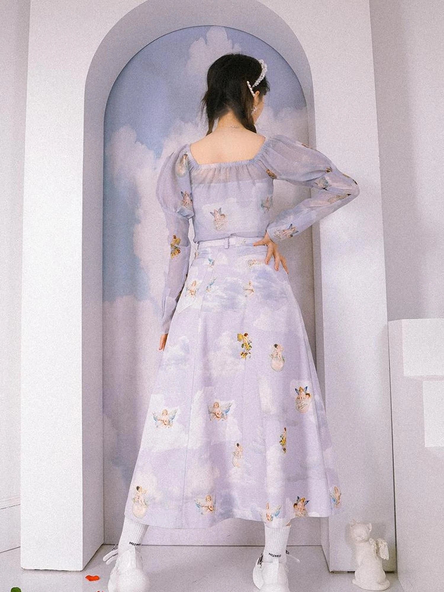 Vintage Angel Print Chiffon Sun Protection Top