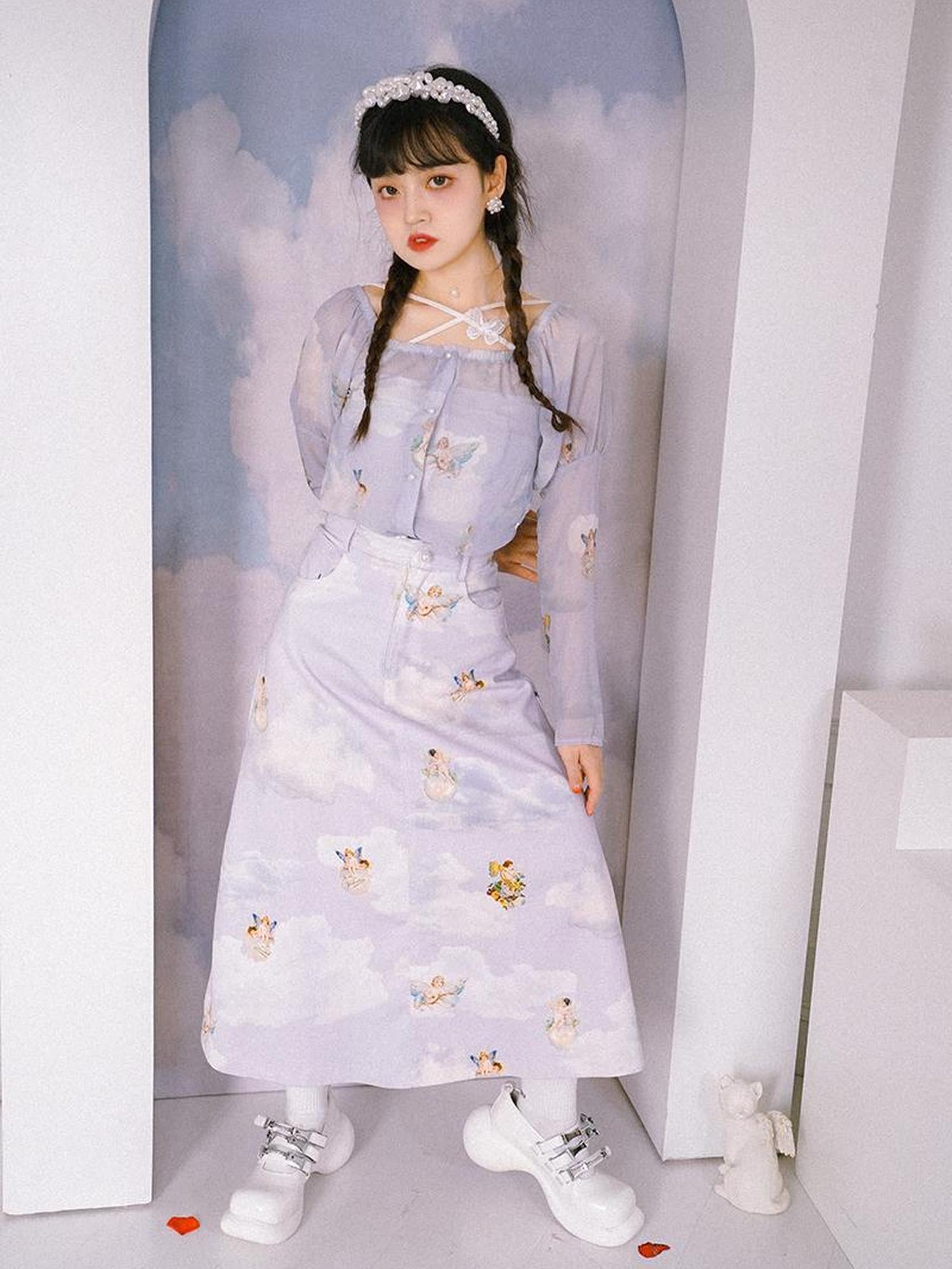 Daytoday Vintage Angel Print Chiffon Sun Protection Top