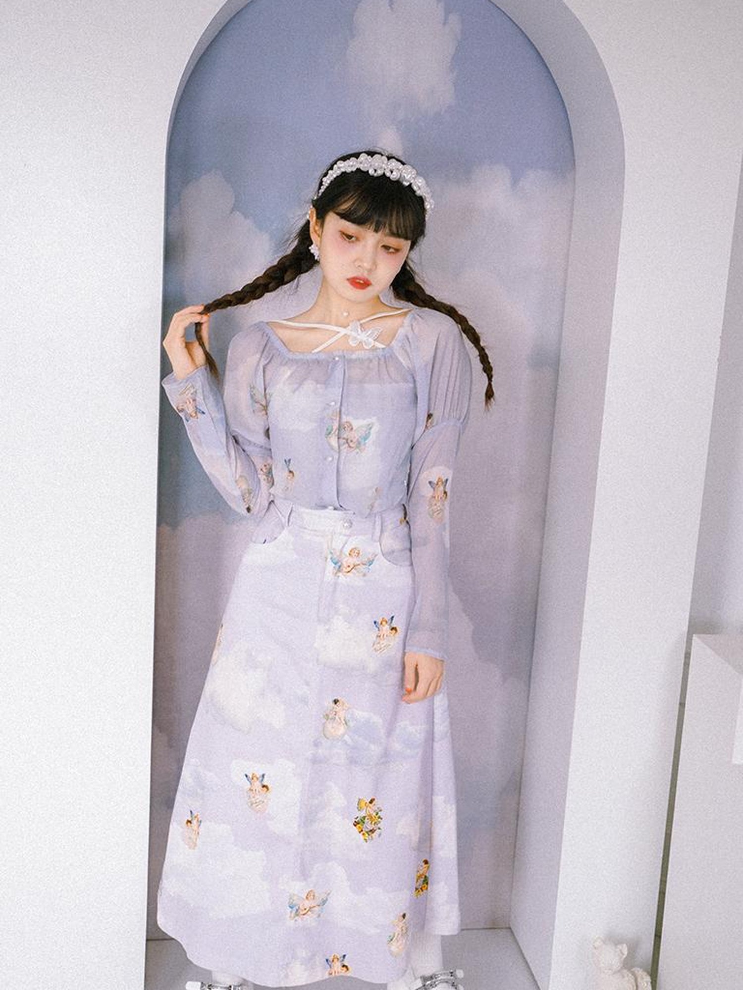 Daytoday Vintage Angel Print Chiffon Sun Protection Top