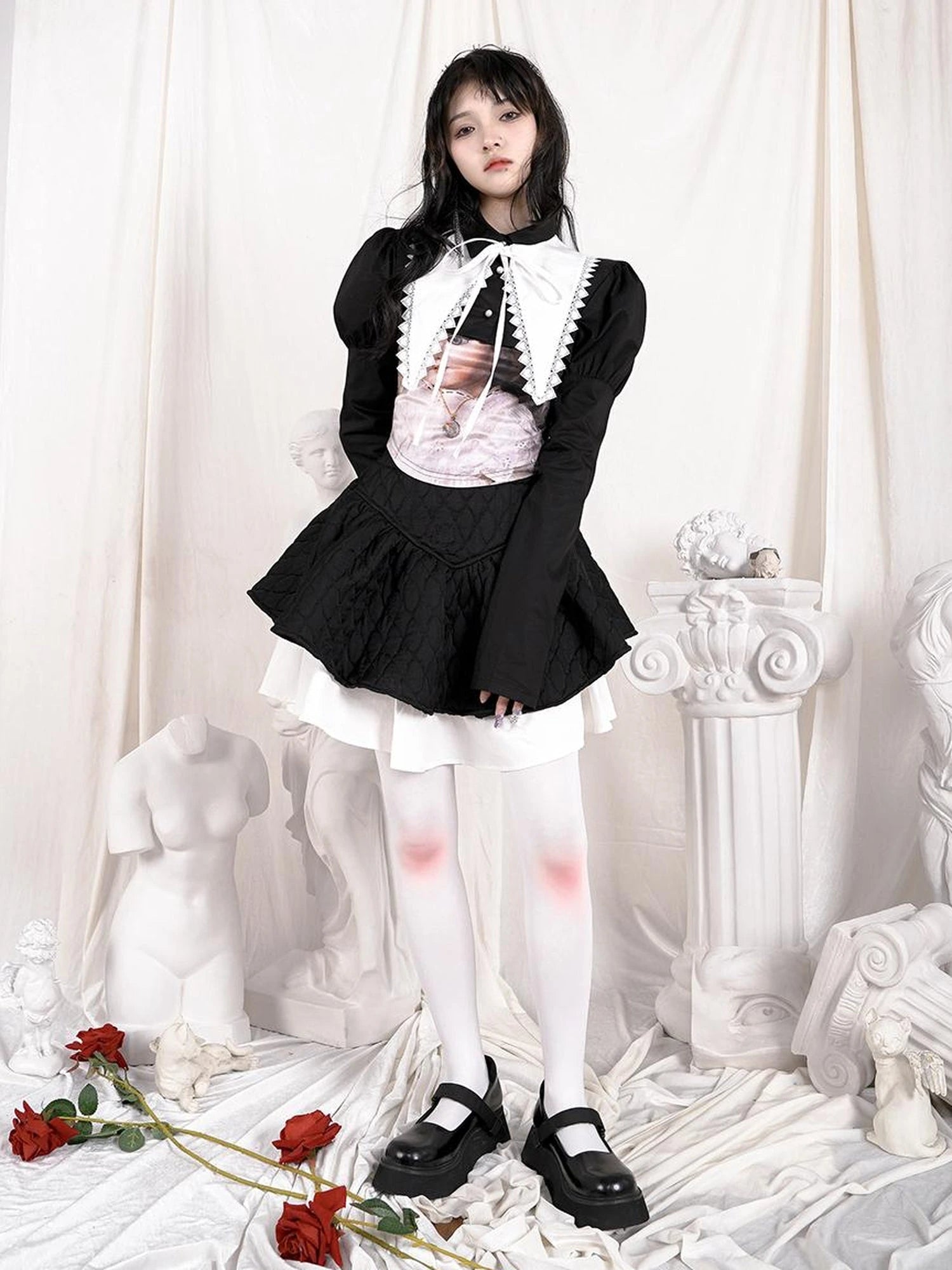 Vintage Angel Print Cotton Crop Top With Metal Buttons