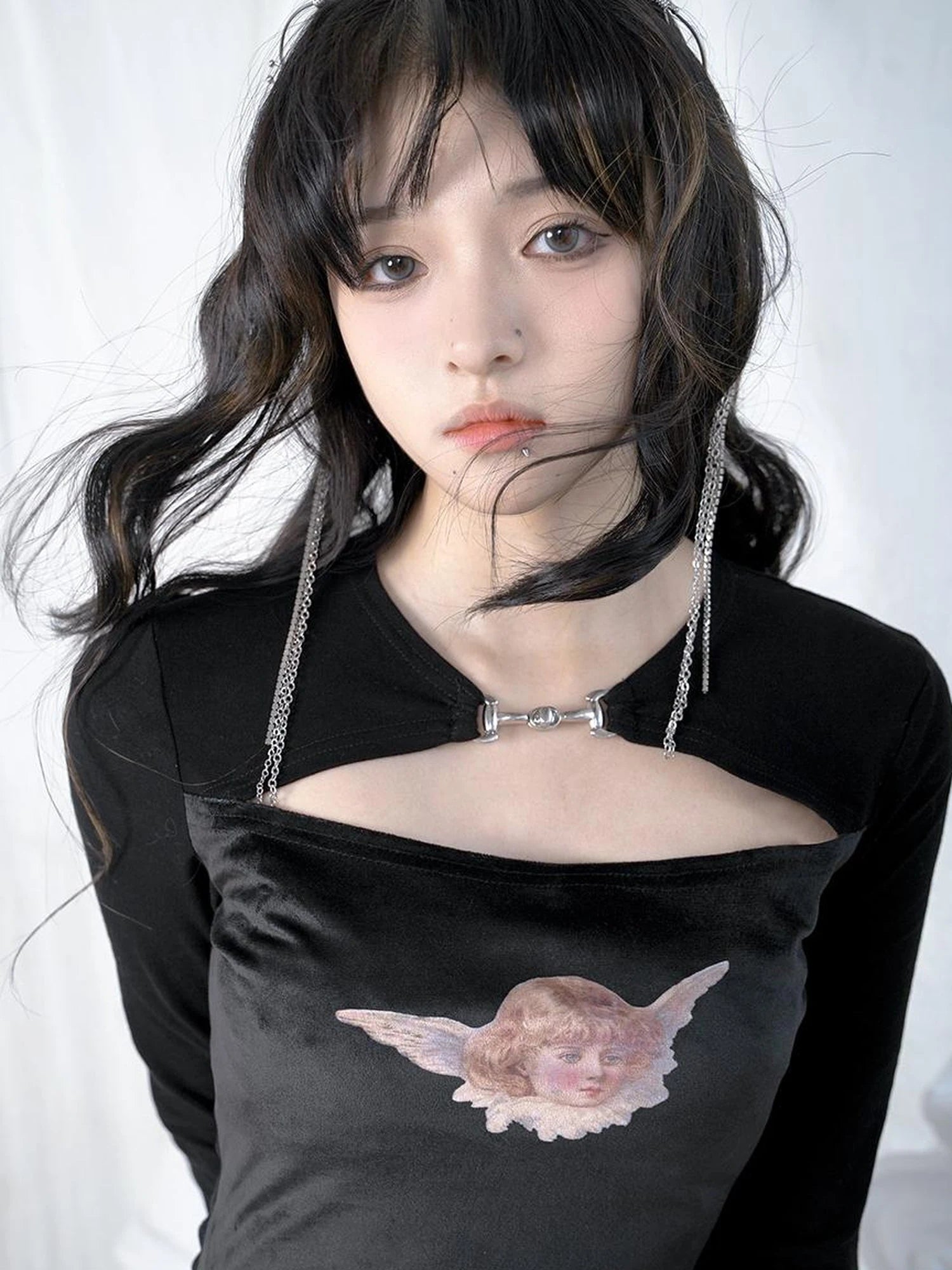 Vintage Angel Print Cotton Crop Top With Metal Buttons