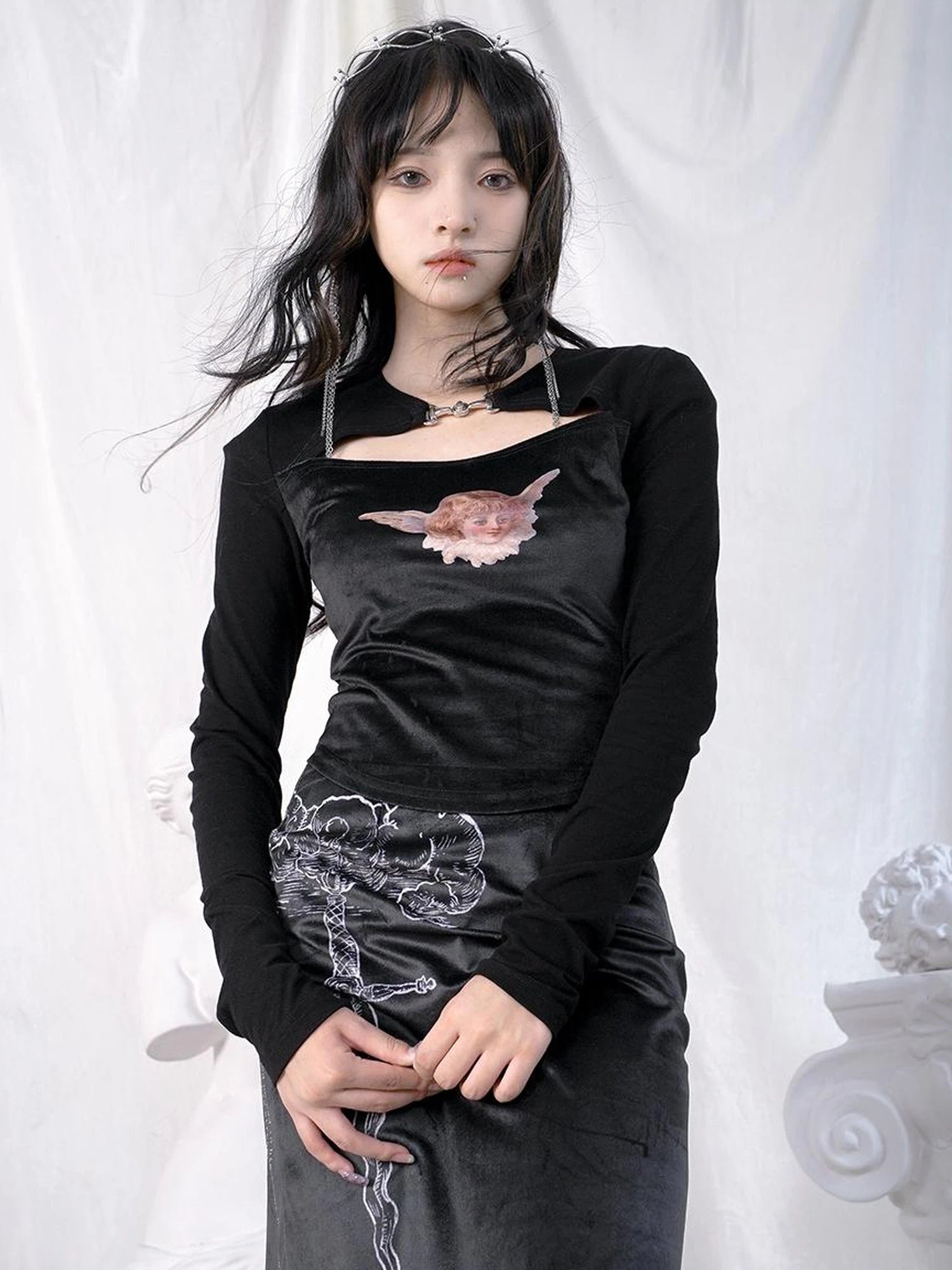 Vintage Angel Print Cotton Crop Top With Metal Buttons