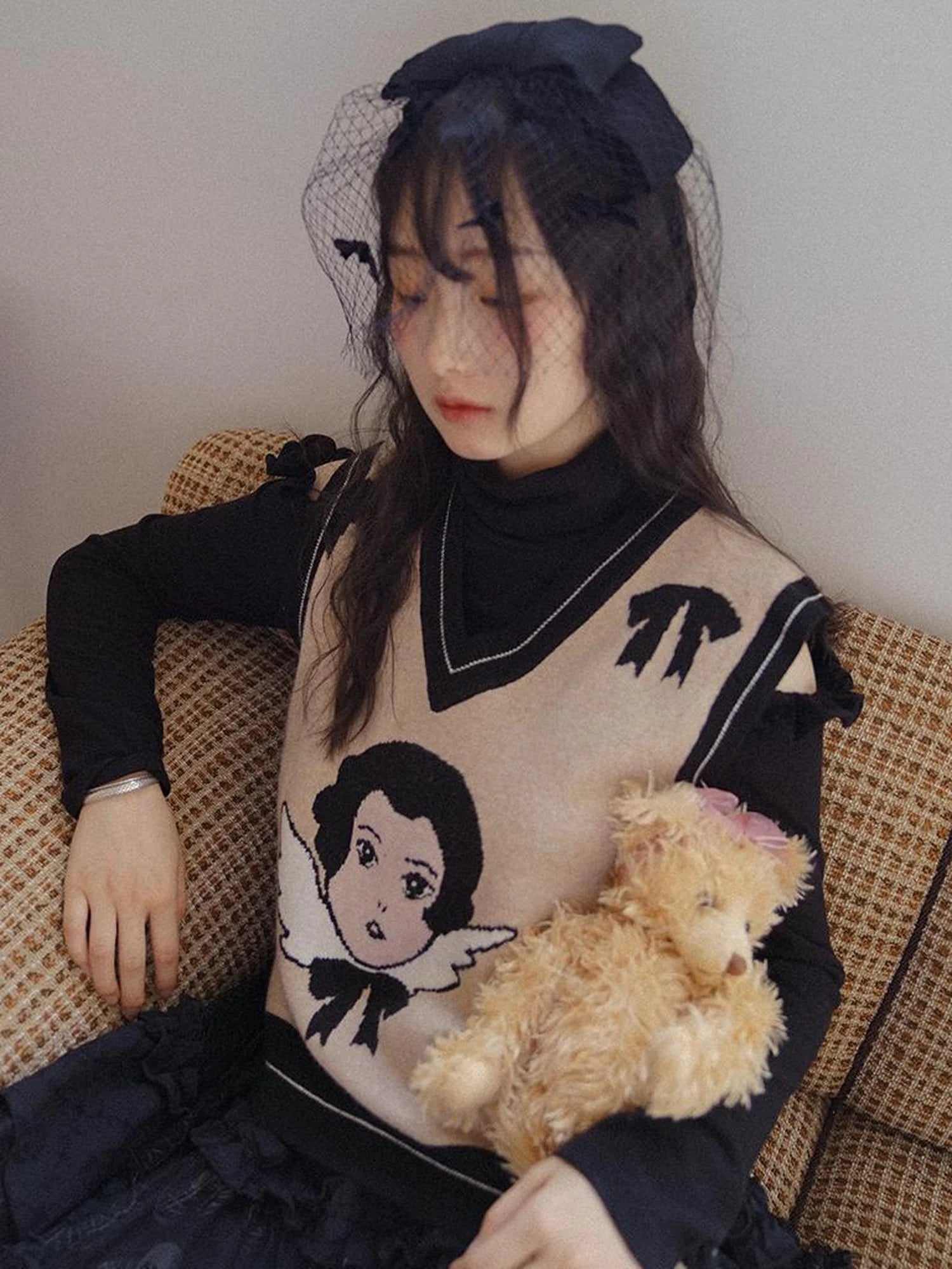 Vintage Angel Print Knit Vest Purple Khaki V Neck Long Sleeve