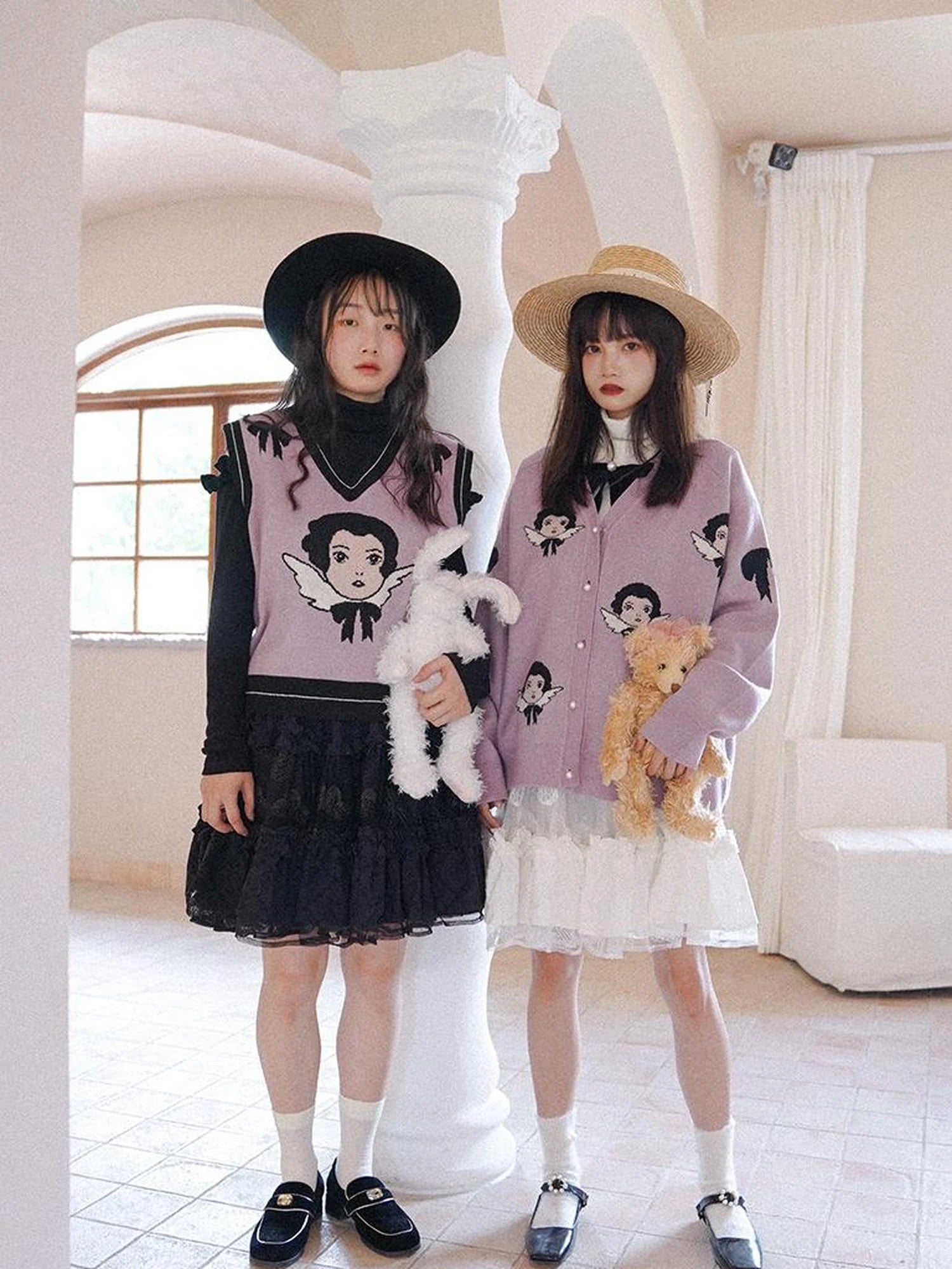 Vintage Angel Print Knit Vest Purple Khaki V Neck Long Sleeve