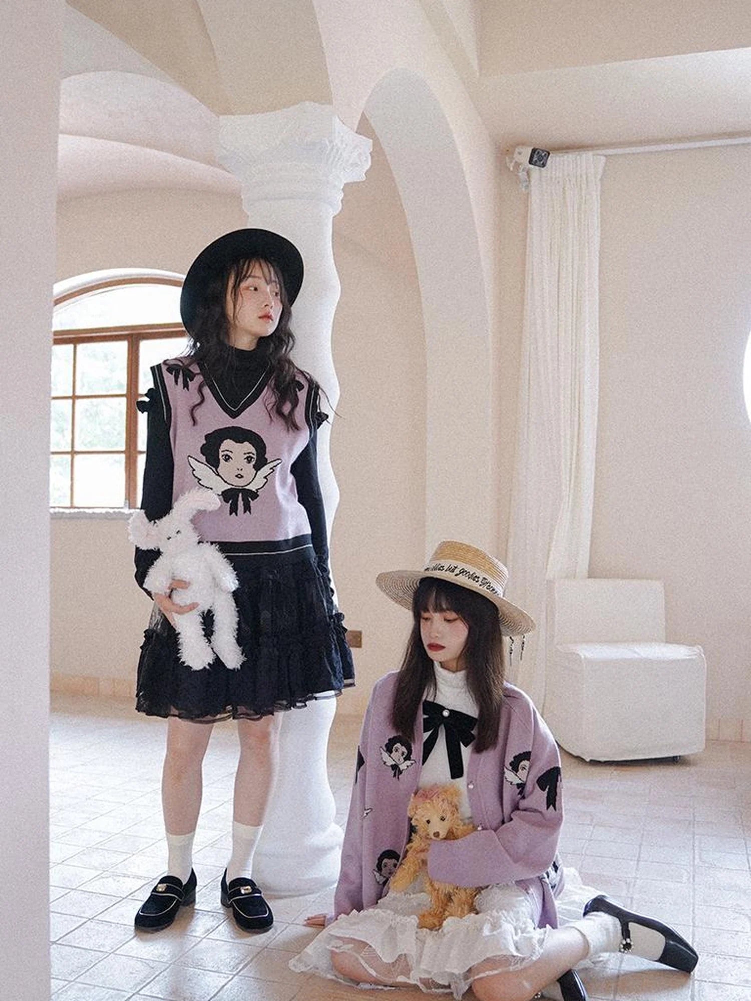 Vintage Angel Print Knit Vest Purple Khaki V Neck Long Sleeve