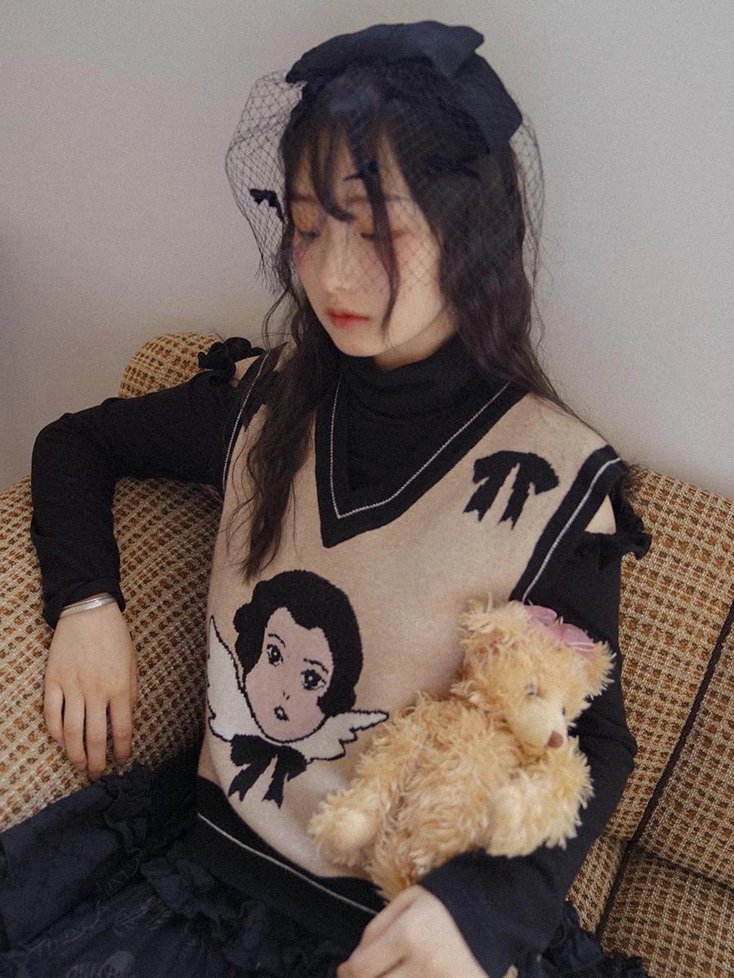 Vintage Angel Print Knit Vest Purple Khaki V Neck Long Sleeve