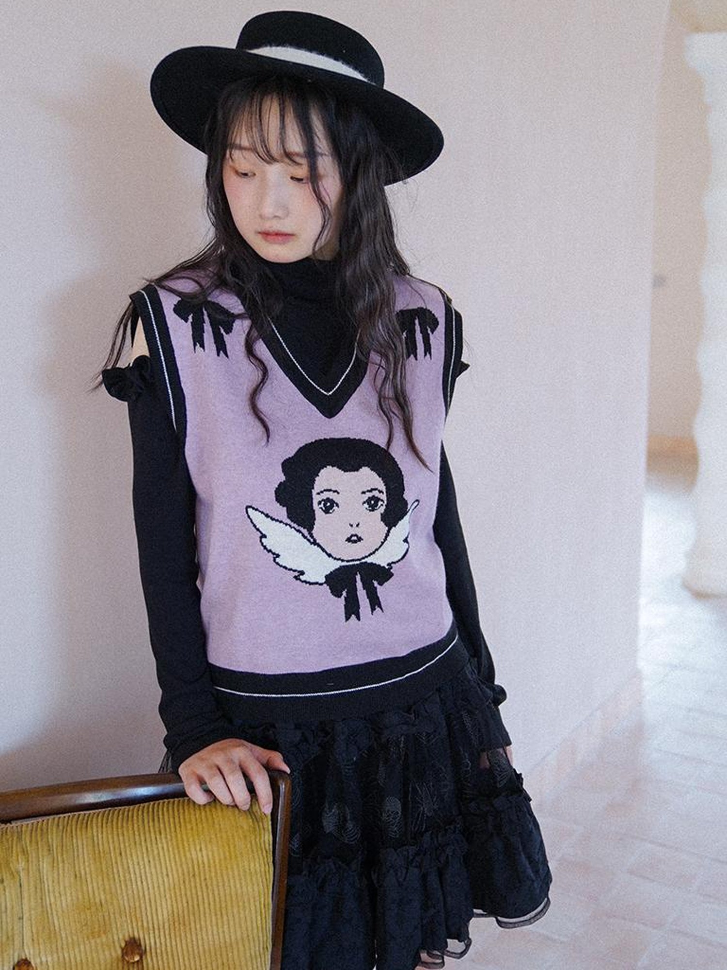 Daytoday Vintage Angel Print Knit Vest Purple Khaki V Neck Long Sleeve