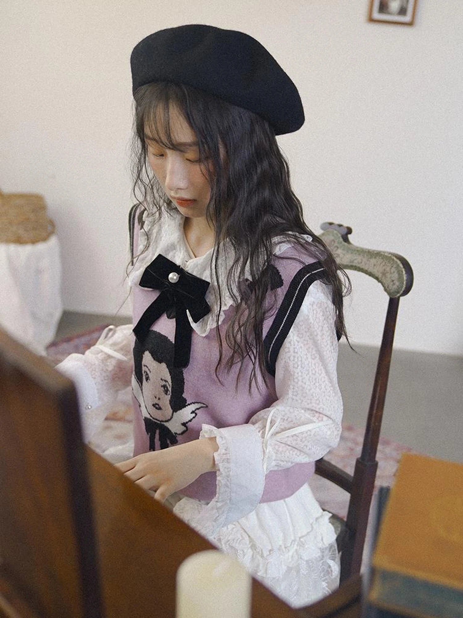 Vintage Angel Print Knit Vest Purple Khaki V Neck Long Sleeve