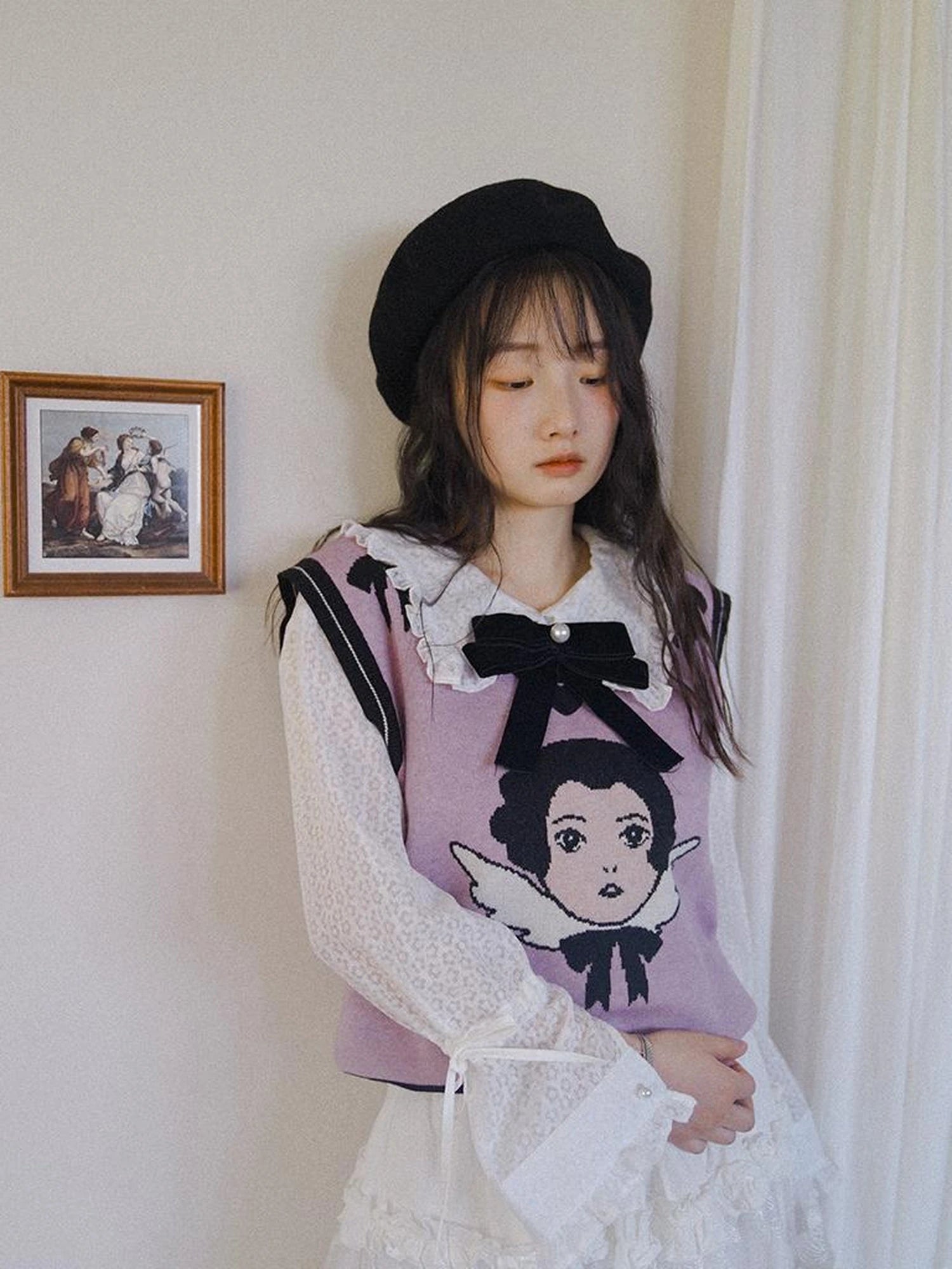 Vintage Angel Print Knit Vest Purple Khaki V Neck Long Sleeve