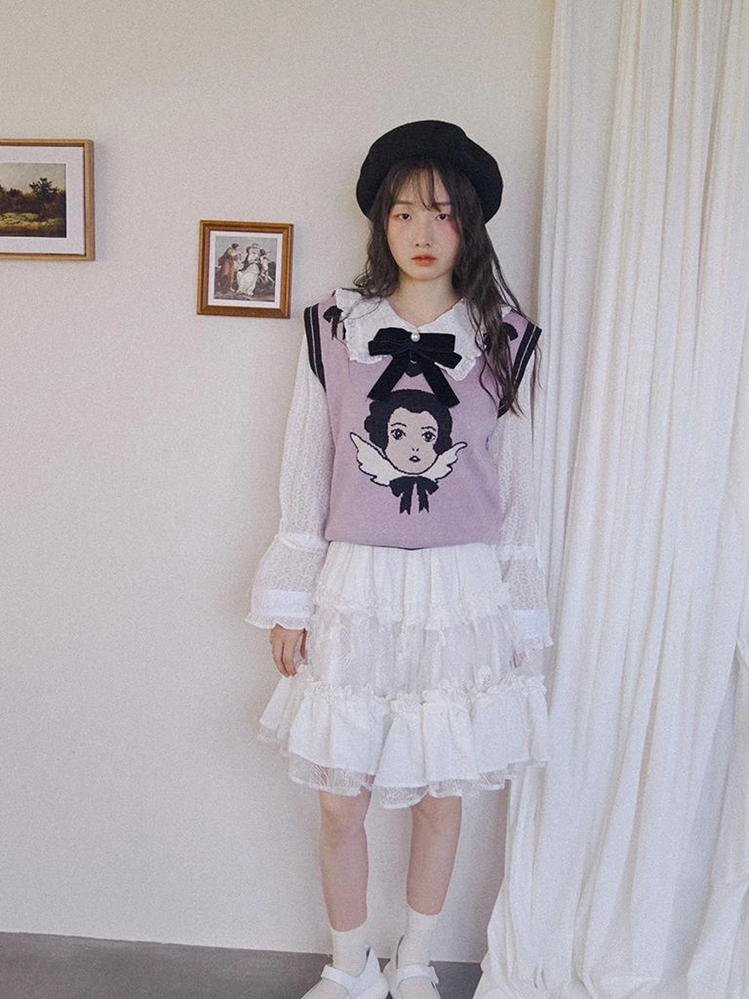 Vintage Angel Print Knit Vest Purple Khaki V Neck Long Sleeve