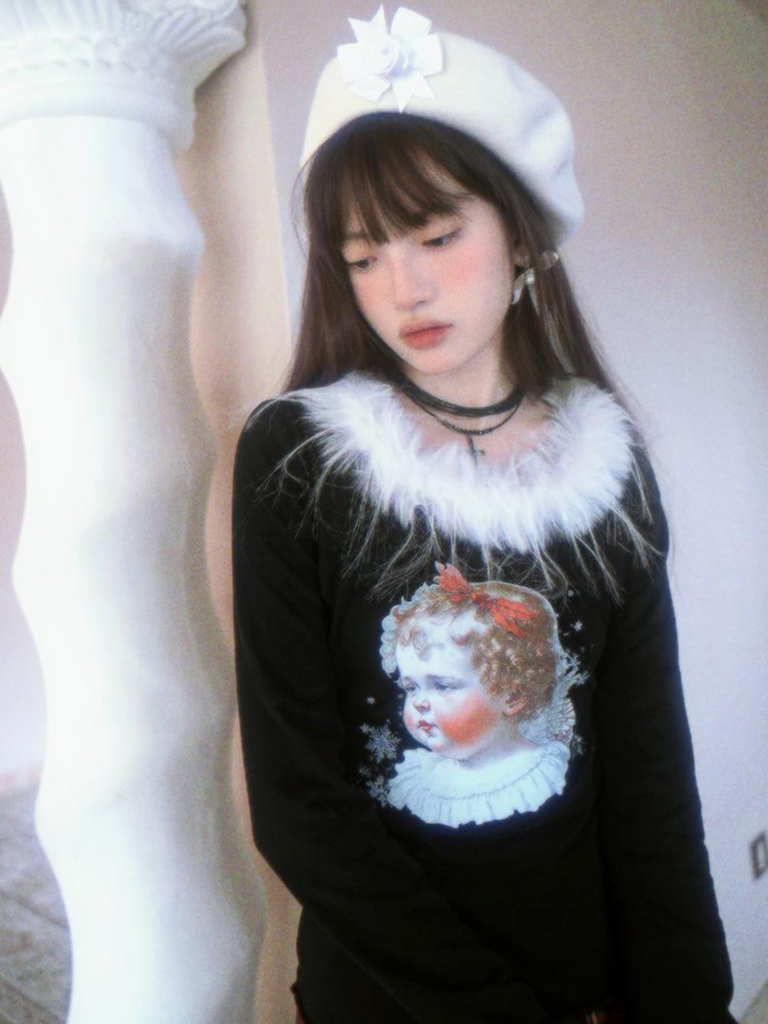 Daytoday Vintage Angel Print T Shirt With Fur Collar