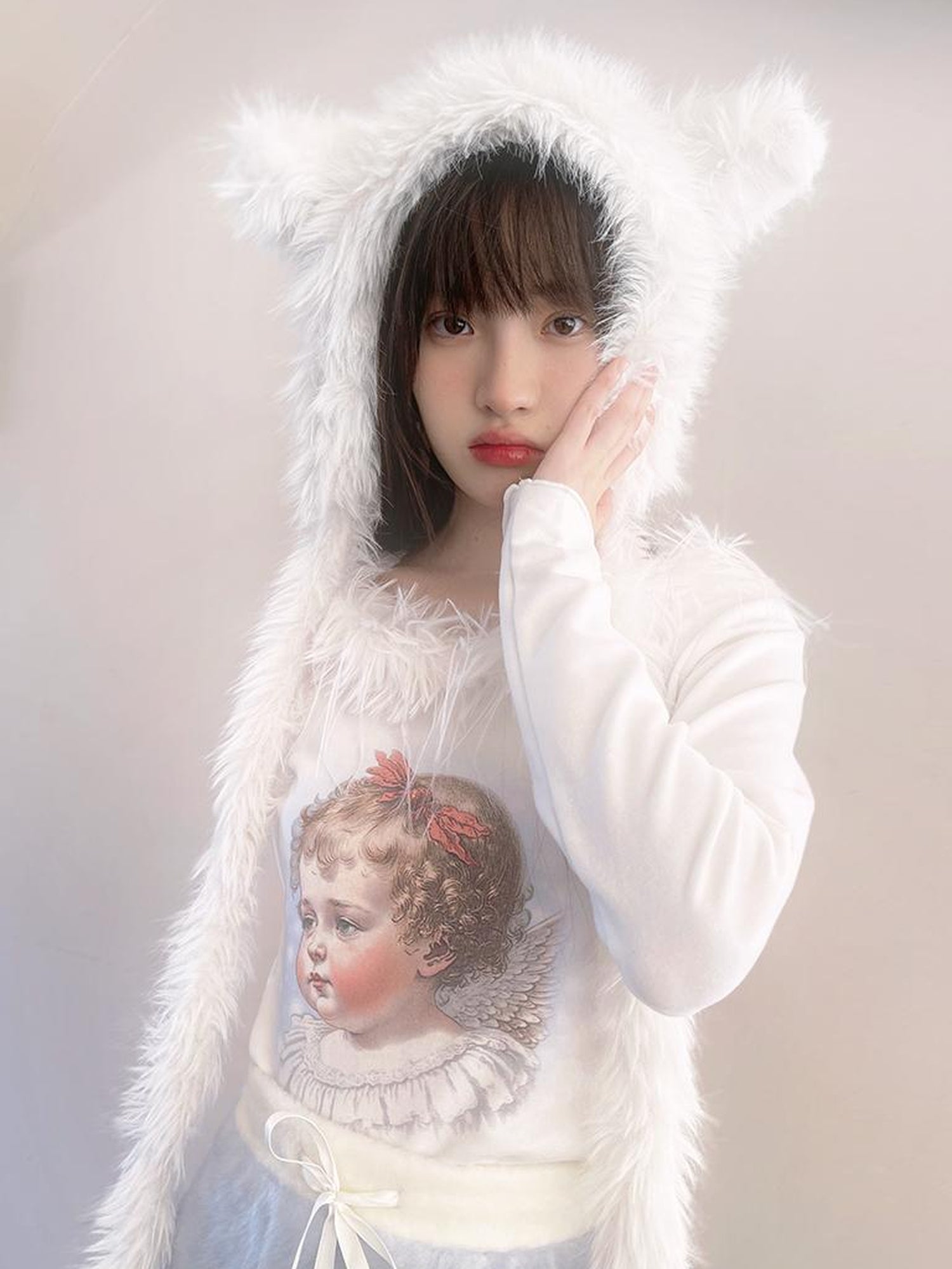 Daytoday Vintage Angel Print T Shirt With Fur Collar