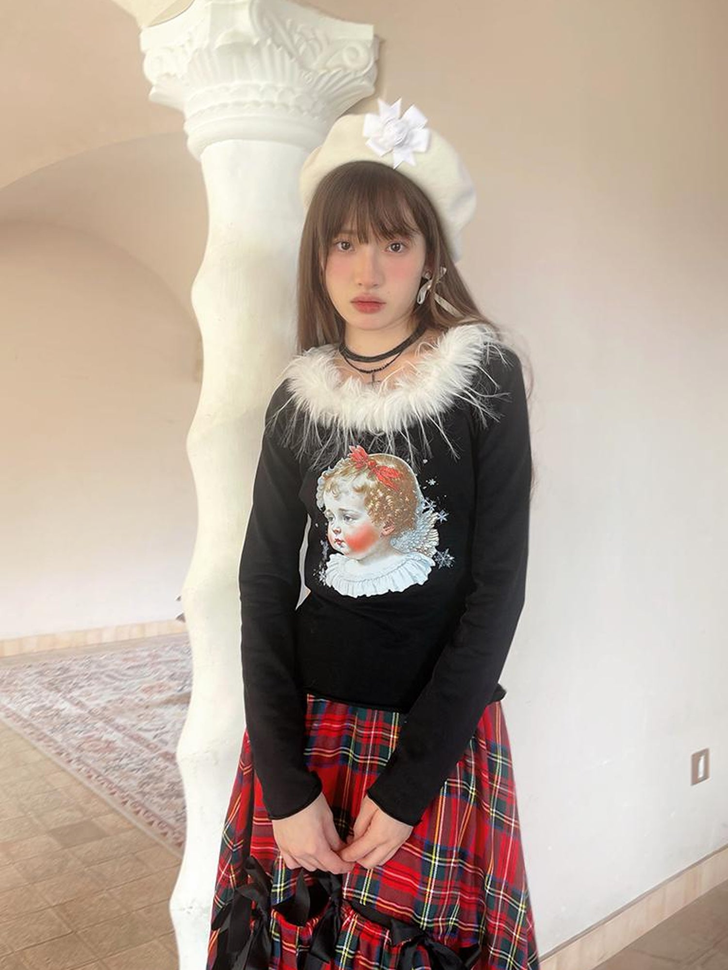 Daytoday Vintage Angel Print T Shirt With Fur Collar