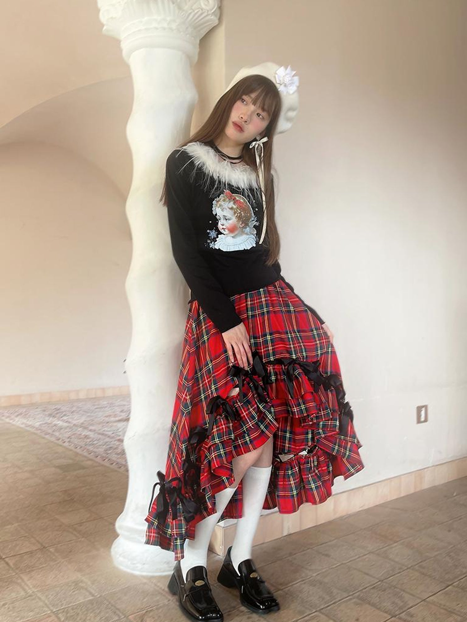 Daytoday Vintage Angel Print T Shirt With Fur Collar