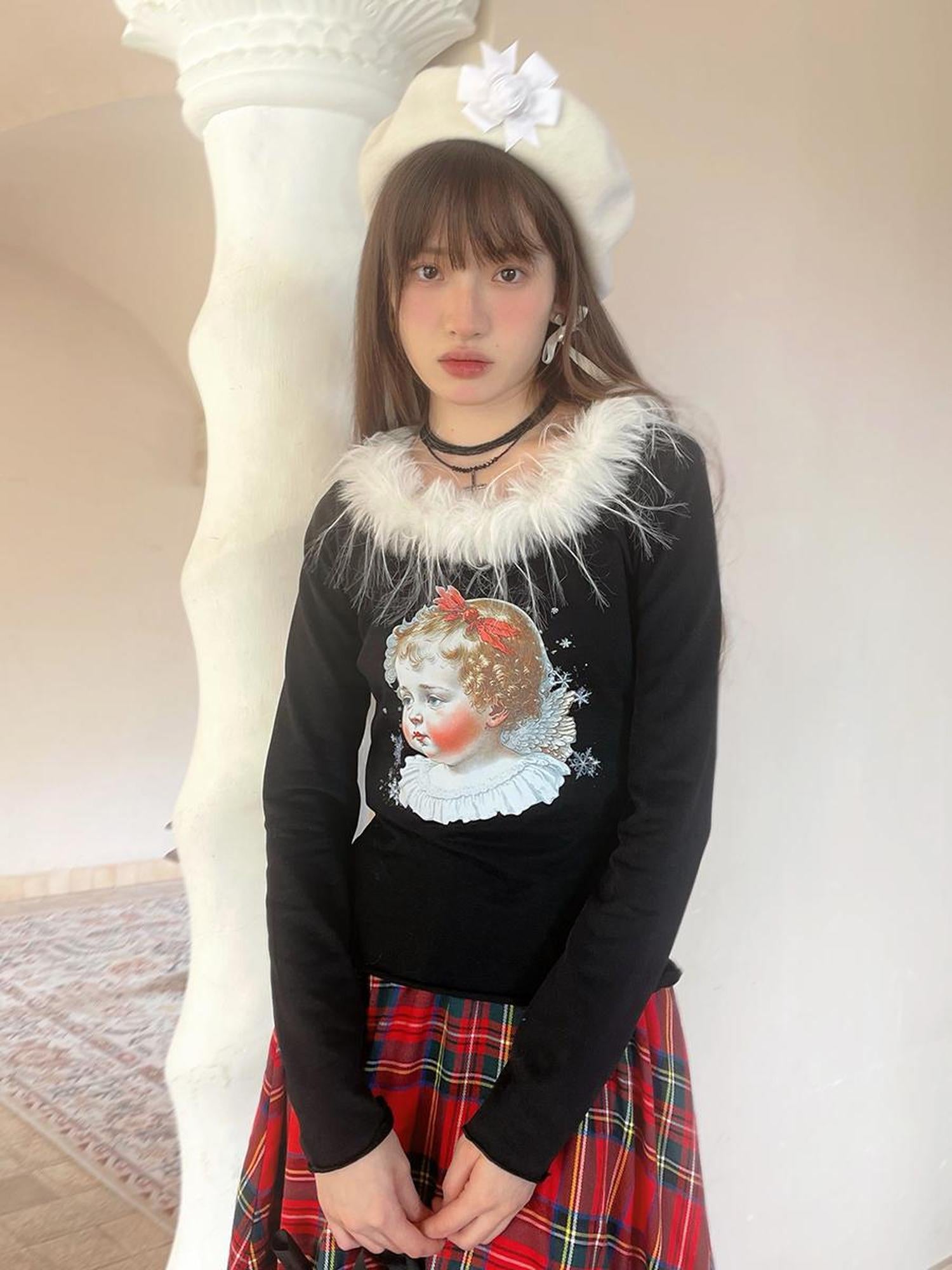 Daytoday Vintage Angel Print T Shirt With Fur Collar