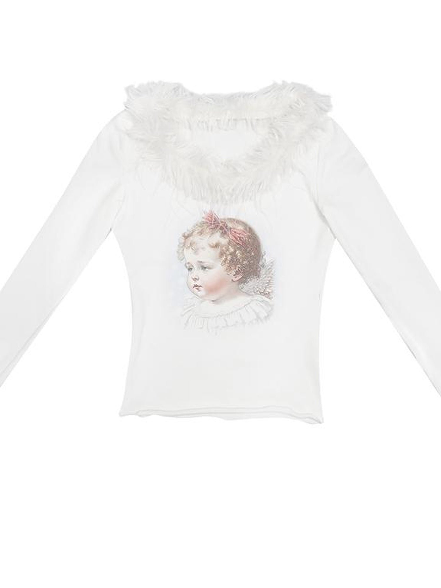 Daytoday Vintage Angel Print T Shirt With Fur Collar