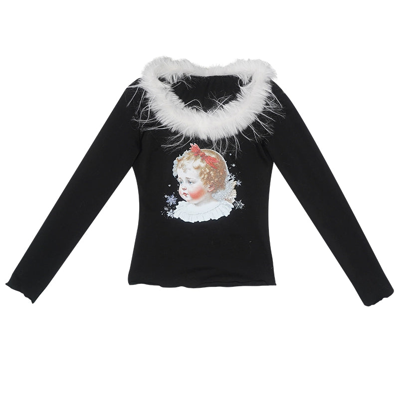 Daytoday_Vintage_Angel_Print_T_Shirt_With_Fur_Collar_MISSTT