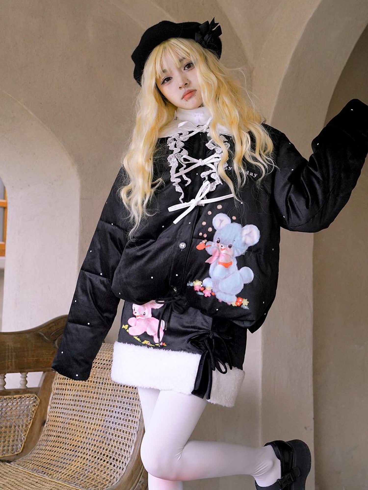 Daytoday Vintage Bow Dot Print Teddy Jacket